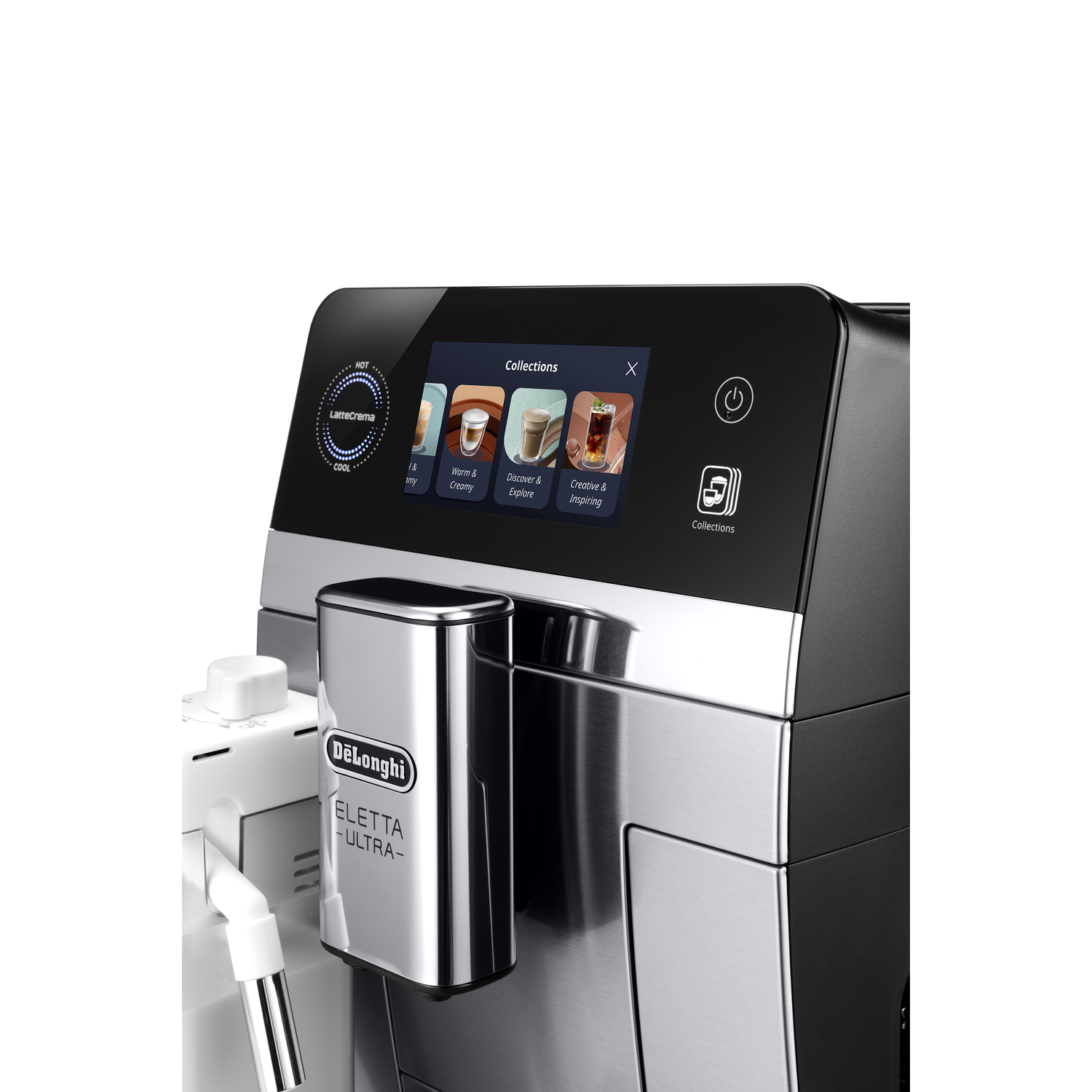 Koffiezetapparaat met touchscreen dat drankopties toont. Melkkan aan de linkerkant.