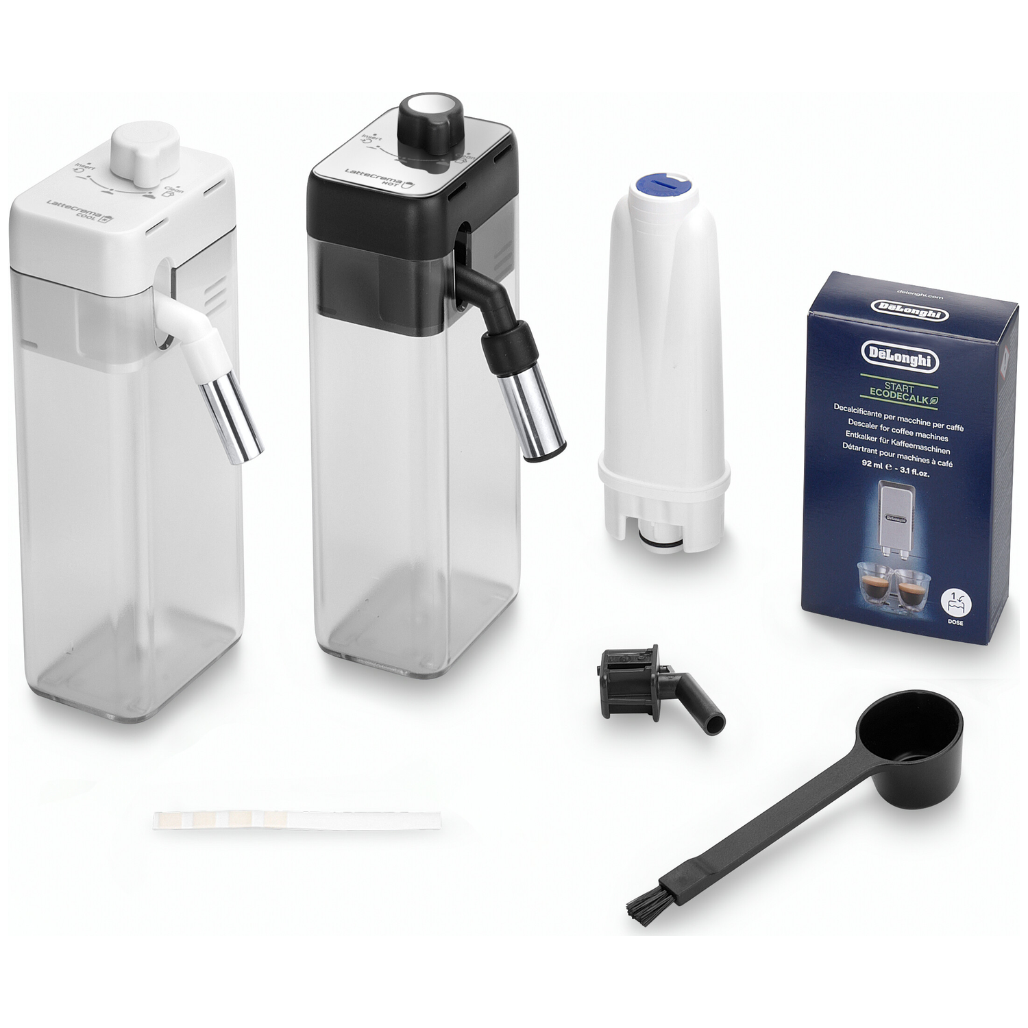 Koffiezetapparaat accessoires: melkreservoir, waterfilter, ontkalker en reinigingsborstel.