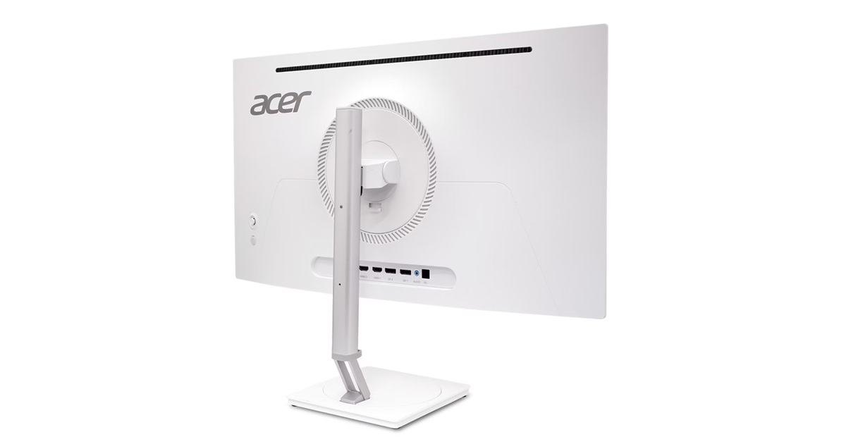 Fehér Acer monitor hátulja ezüst állvánnyal és csatlakozókkal.