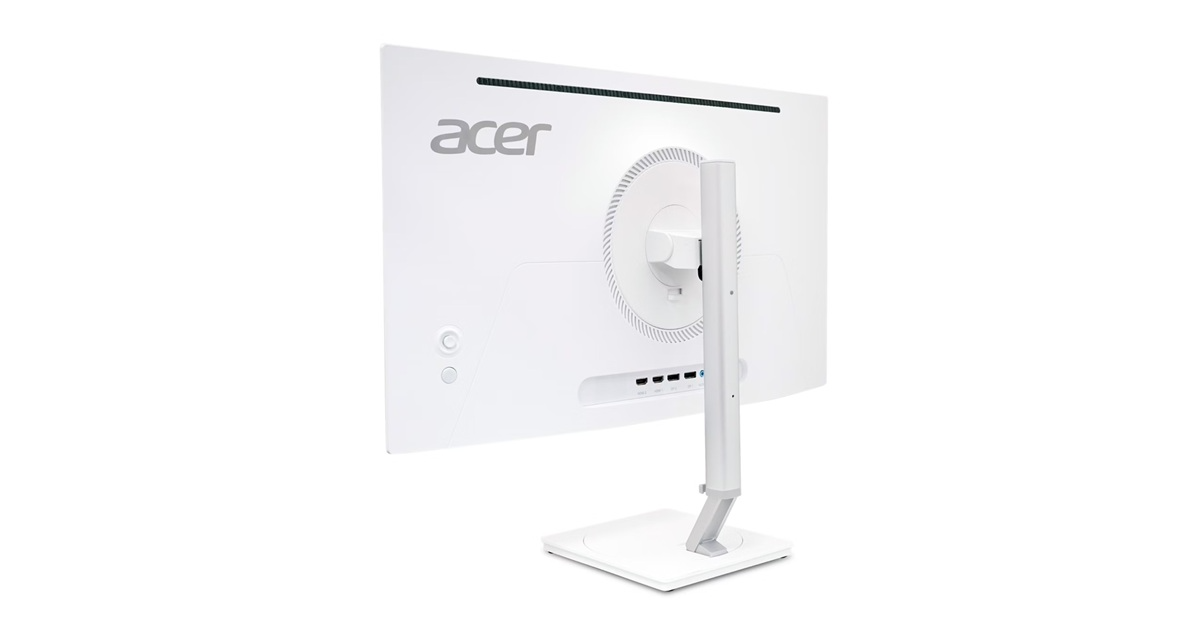 Fehér Acer monitor hátoldala portokkal és állítható állvánnyal. Fehér háttér.