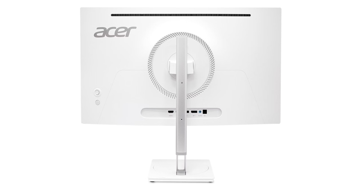Fehér Acer monitor hátulja ezüst állvánnyal és portokkal.