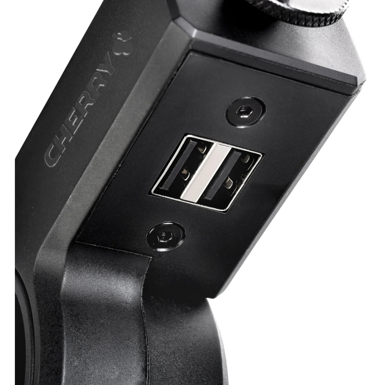 Close-up van zwarte Cherry-branding met twee USB-poorten.
