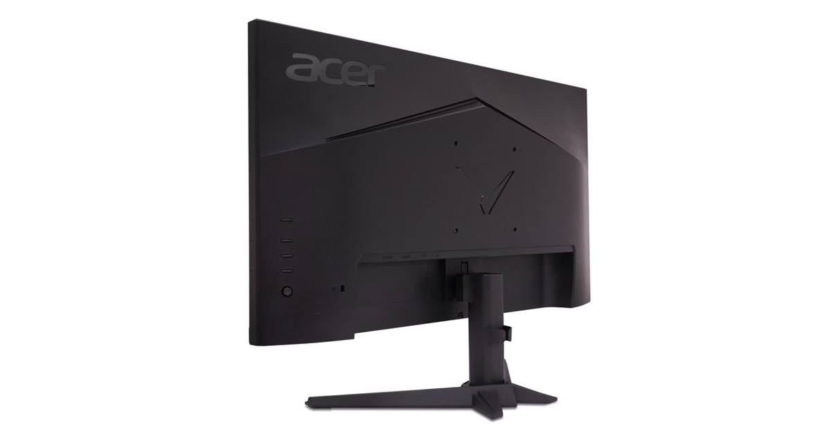 Fekete Acer számítógép monitor hátulnézete, állvánnyal és portokkal.