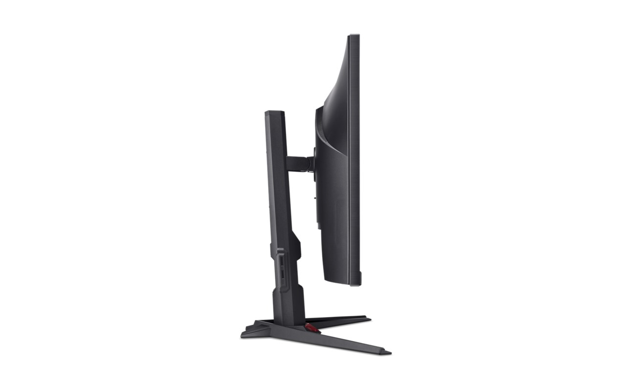 Egy fekete számítógép monitor H-alakú állvánnyal, oldalról nézve.
