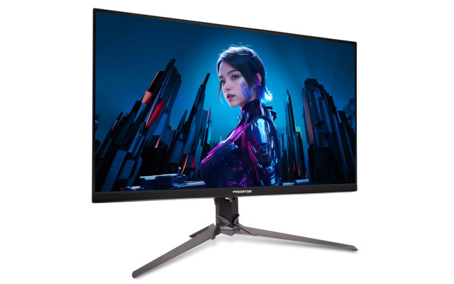 Gamer monitor kijelzőjén cyberpunk nő kék és rózsaszín díszítéssel.