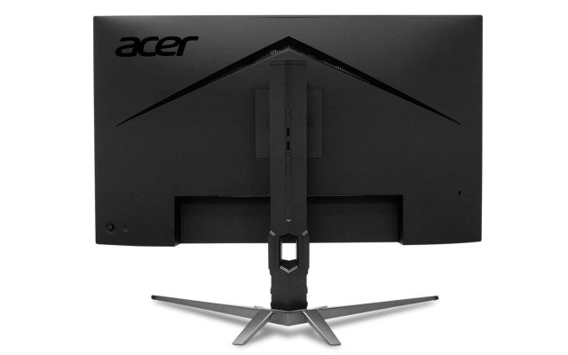 Fekete Acer monitor hátulja ezüst állvánnyal, fehér háttérrel.