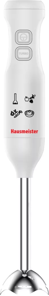 Fehér botmixer ezüst lábbal és két gombbal. Hausmeister logó.