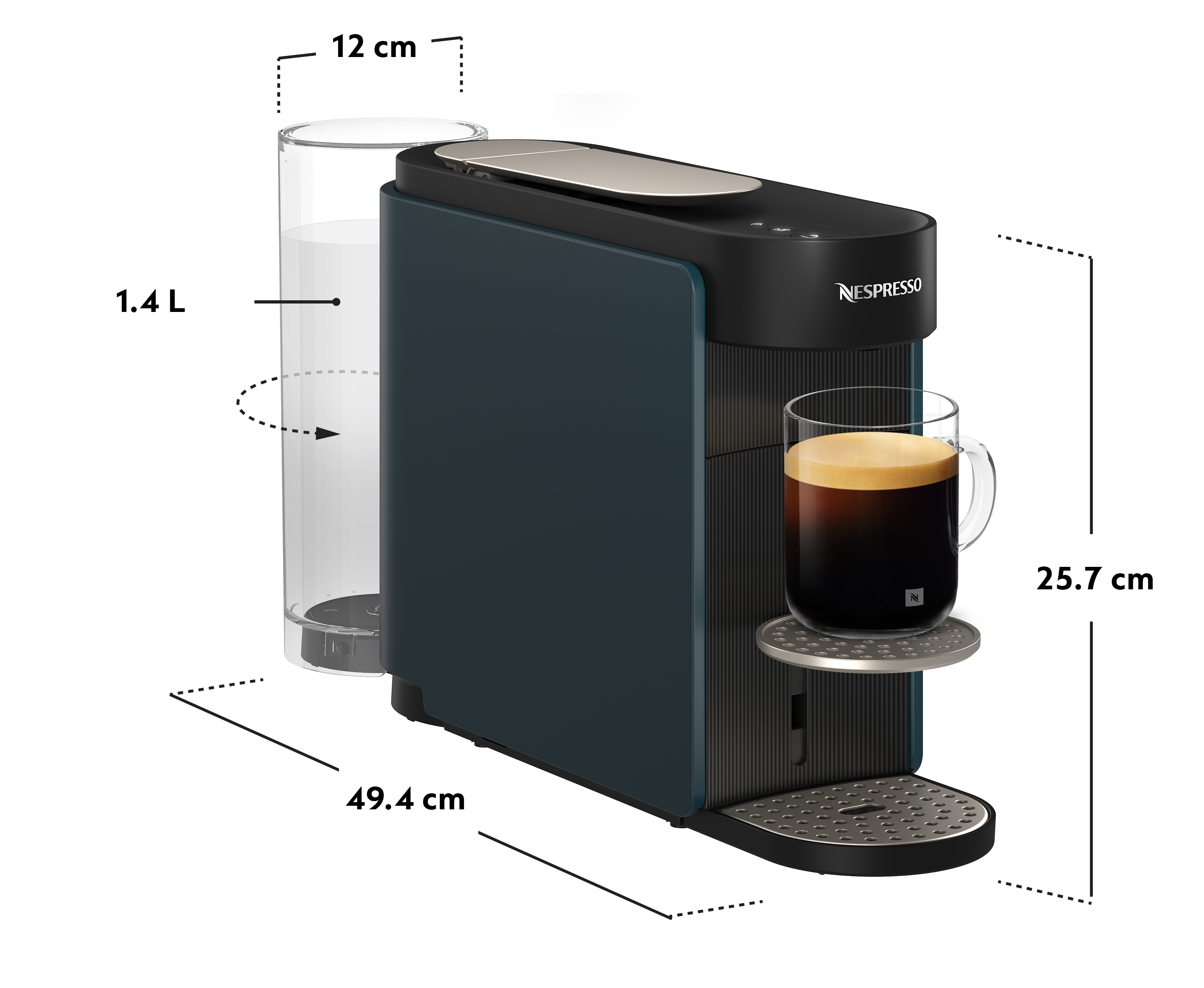 Sötétkék Nespresso kávéfőző víztartállyal, eszpresszókávéval és méretekkel.