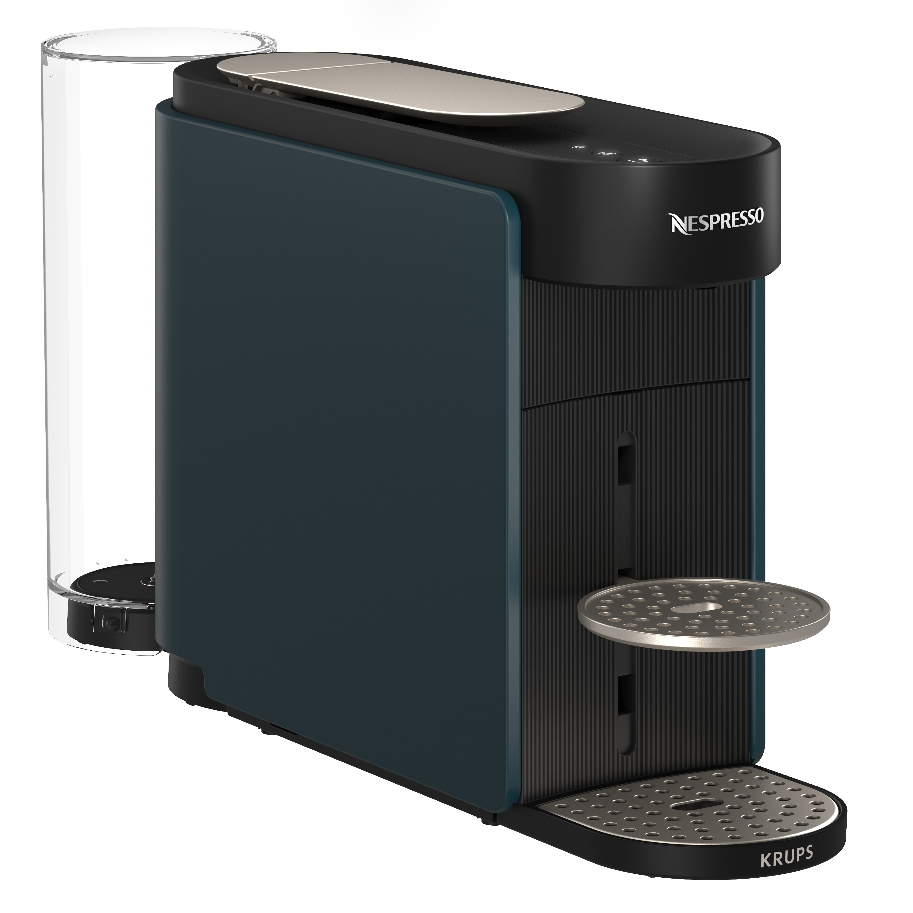 Sötétkék Nespresso Krups kávéfőző átlátszó víztartállyal.