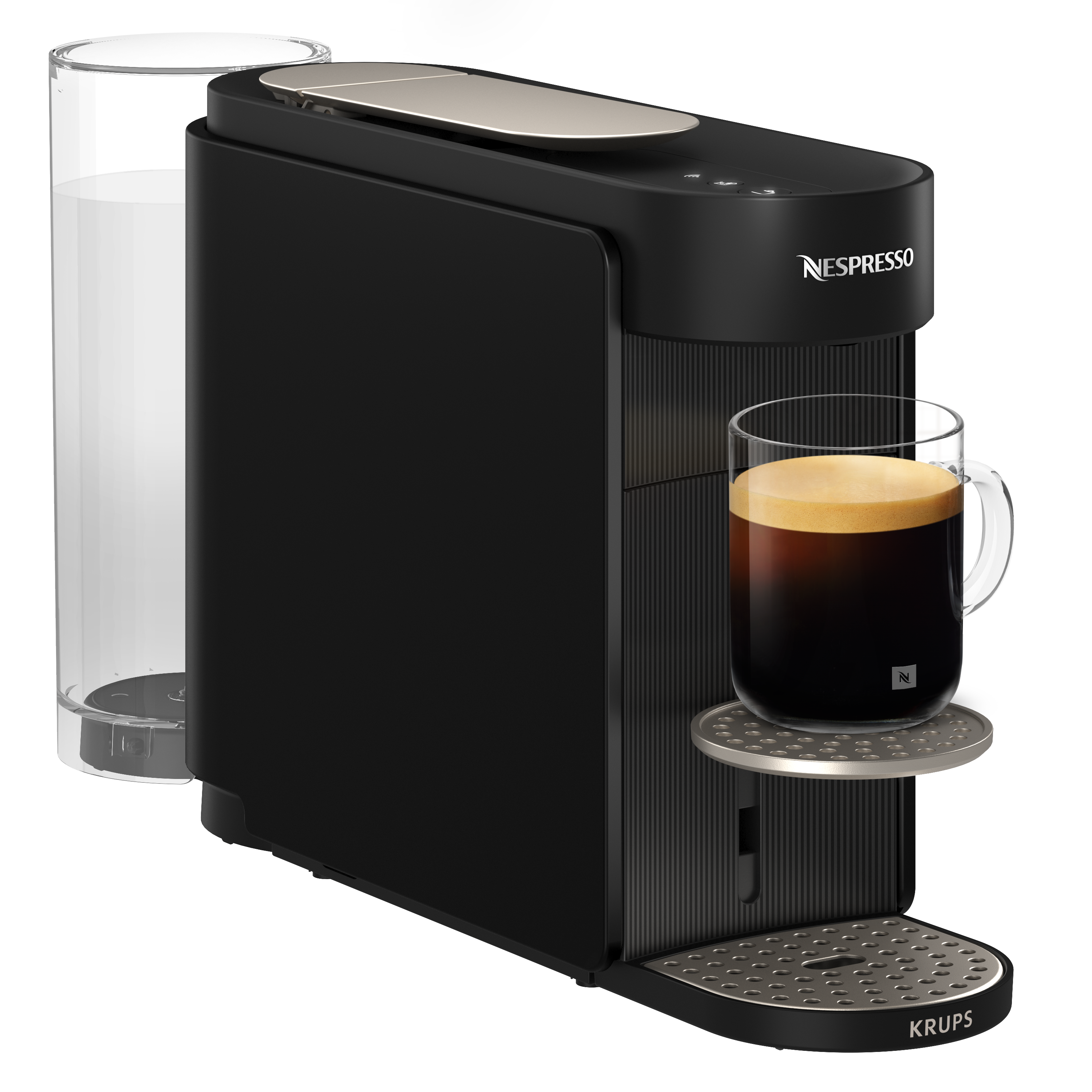 Fekete Nespresso kávéfőző víztartállyal és egy csésze kávéval.