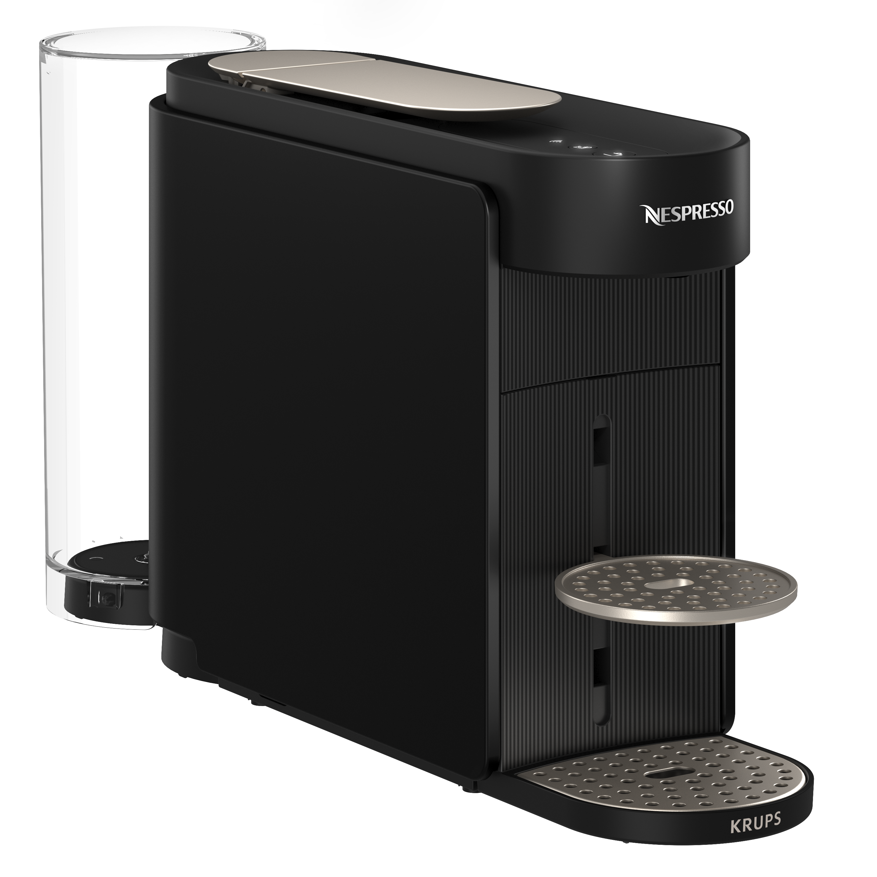 Fekete Nespresso kávéfőző átlátszó víztartállyal.