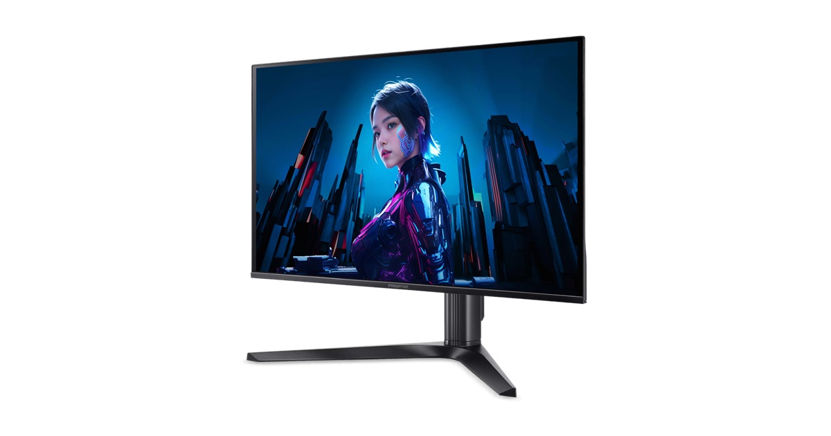 Egy gamer monitor női anime karaktert mutat egy futurisztikus városban.