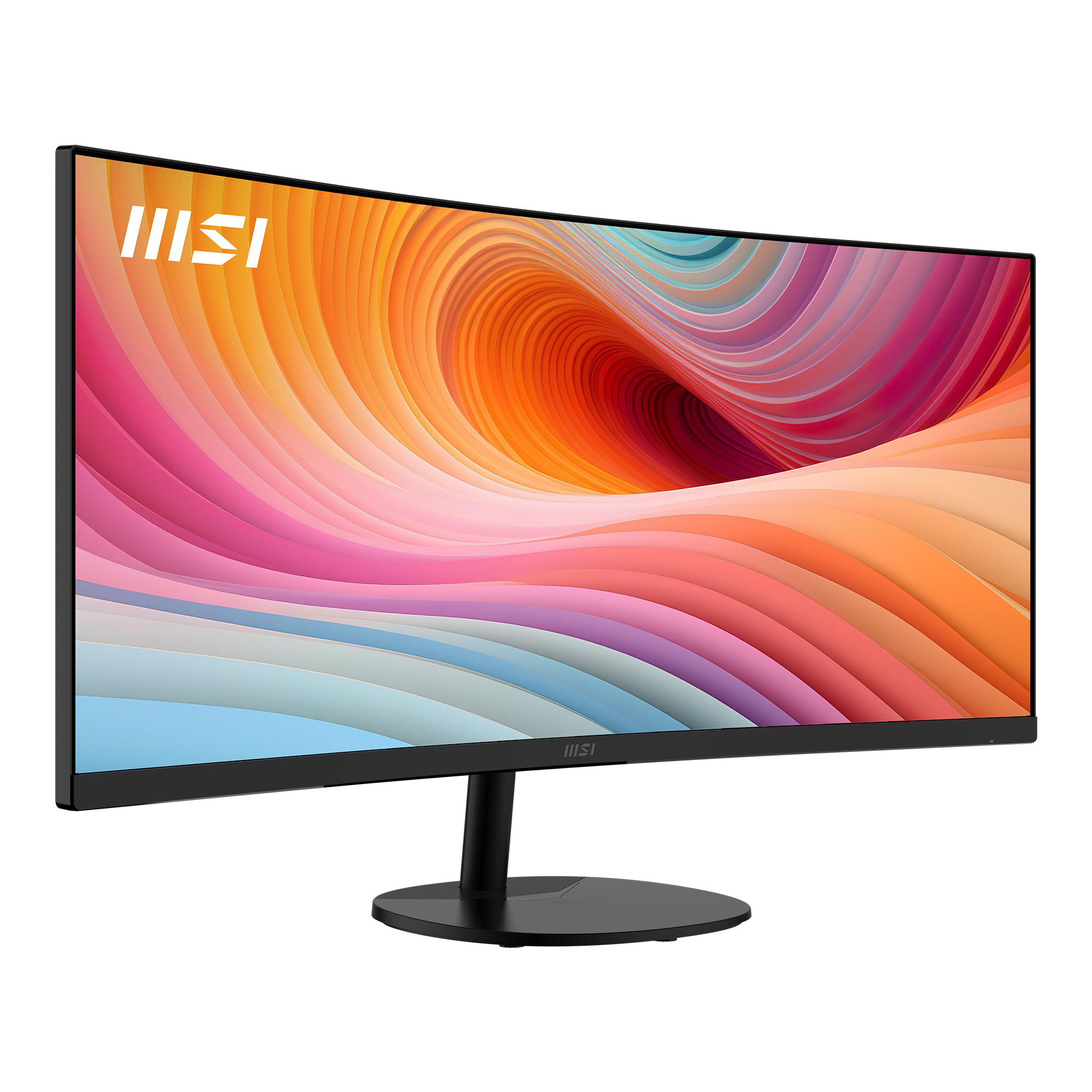 Ein gebogener MSI-Monitor mit einem bunten, abstrakten Hintergrund.