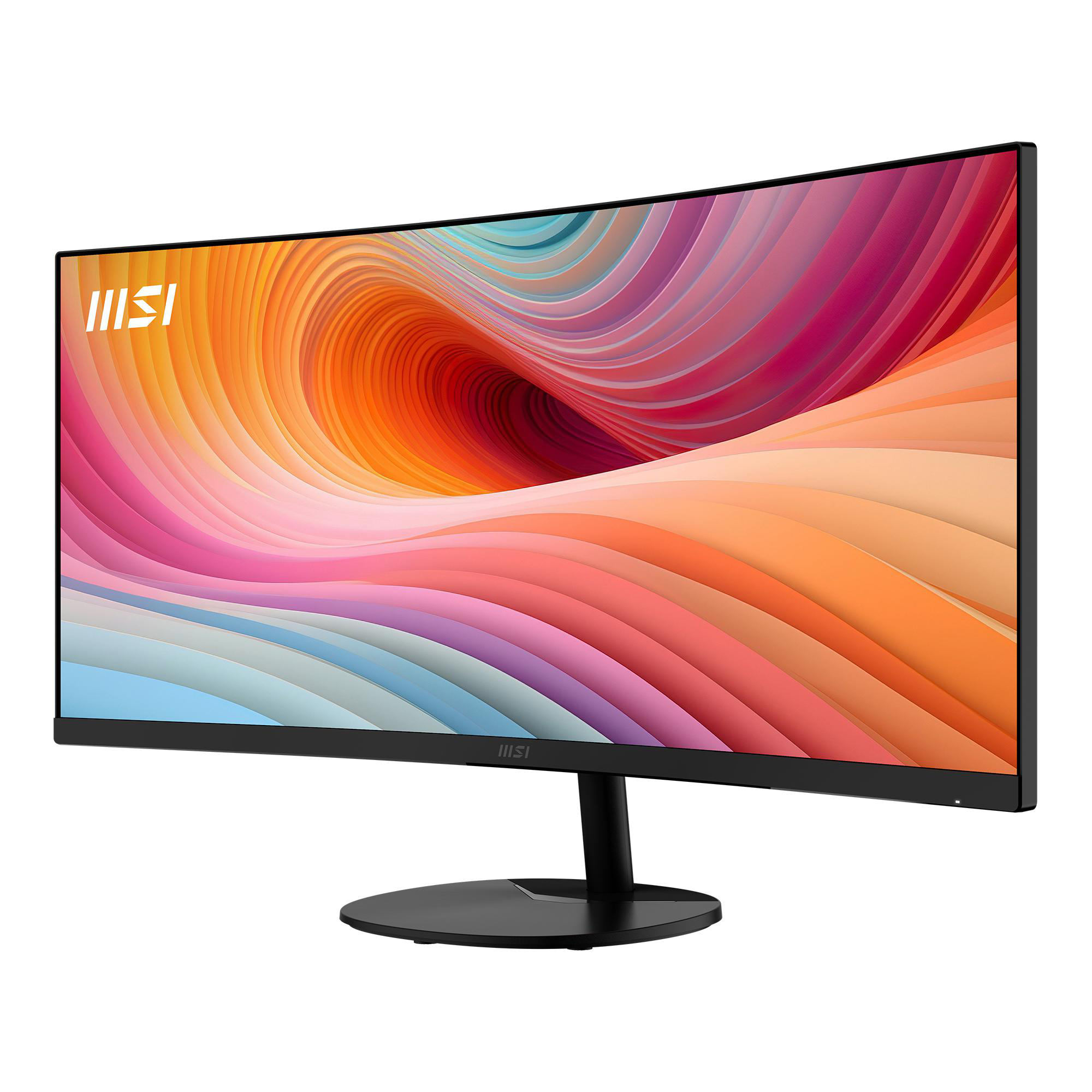 Ein gebogener MSI-Monitor mit einem bunten, abstrakten Hintergrundbild.
