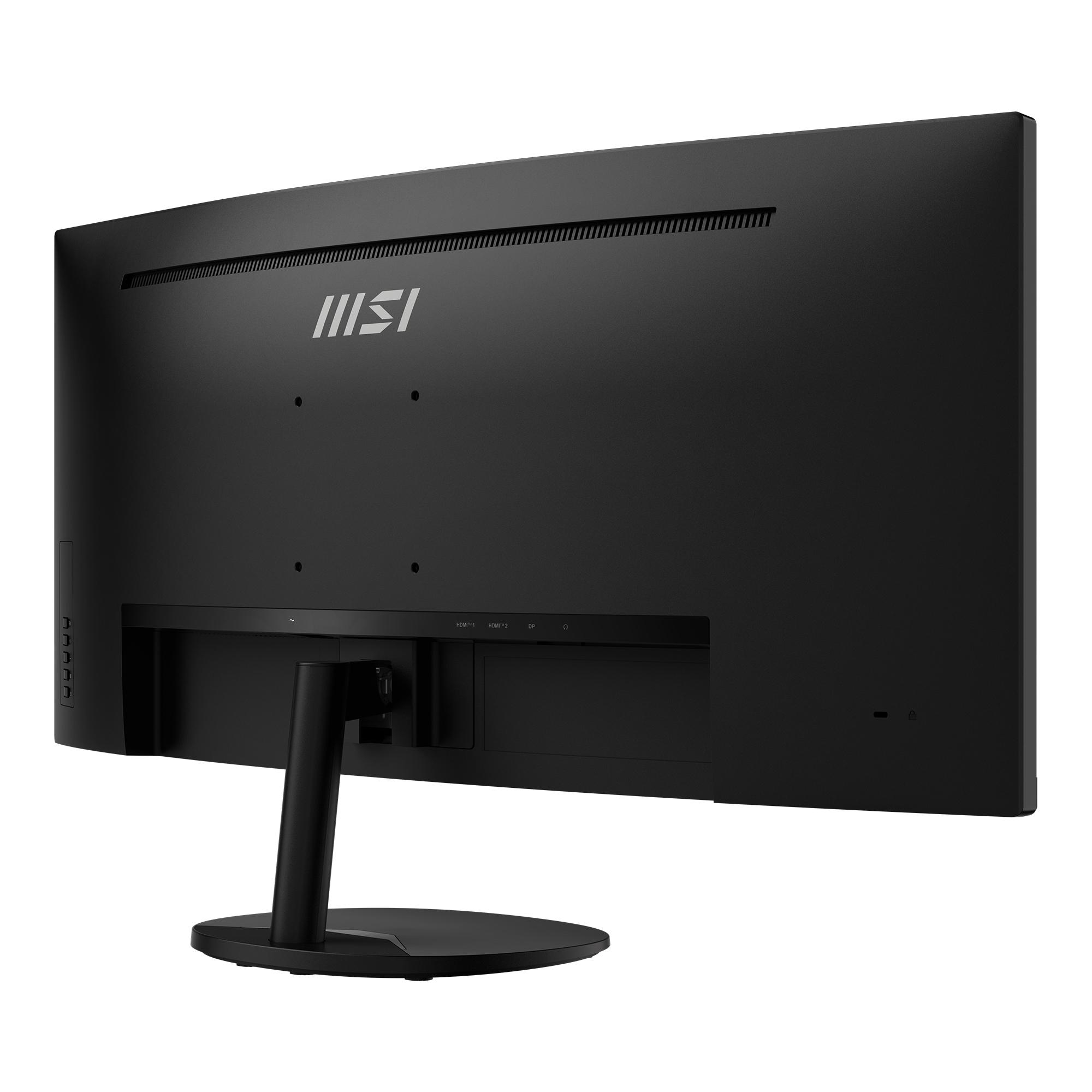 Rückseite eines schwarzen MSI Monitors mit Anschlüssen und MSI Logo.