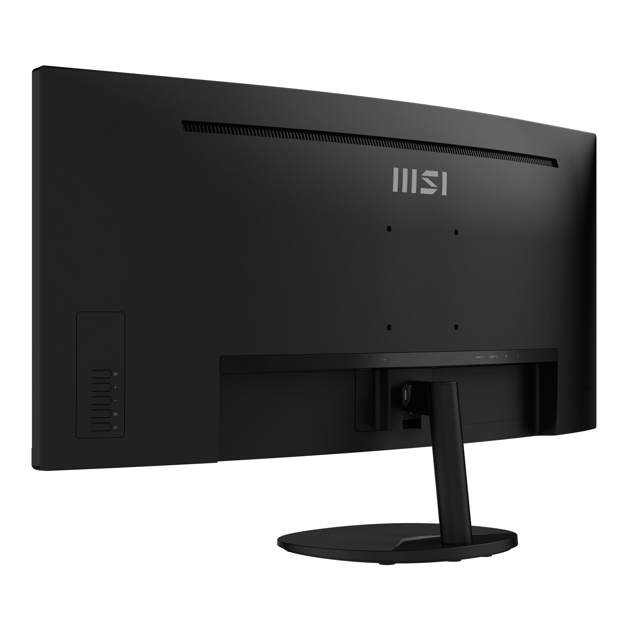 Rückansicht eines schwarzen MSI-Monitors mit Anschlüssen und Bedienelementen.