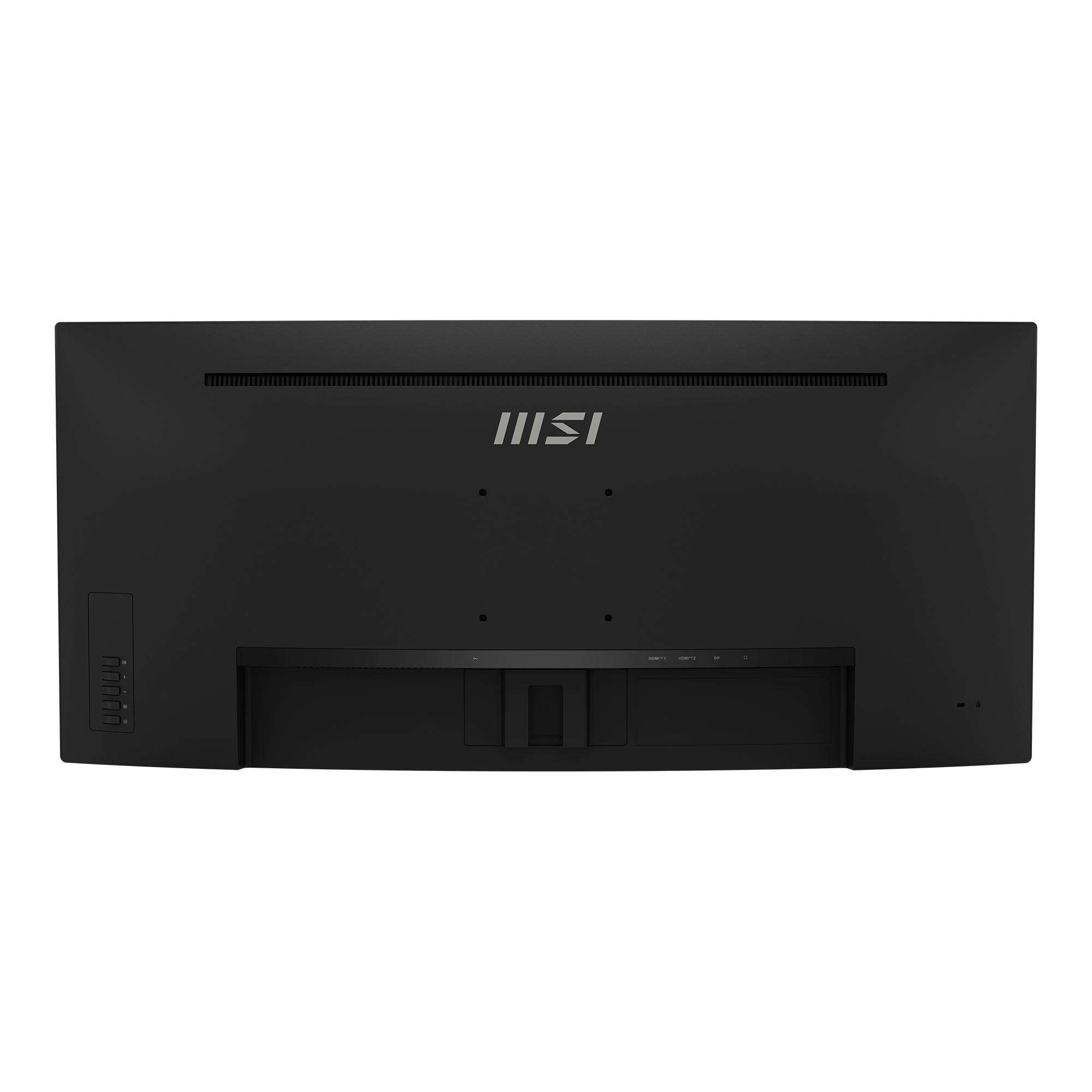 Rückseite eines schwarzen Monitors mit MSI-Logo und Anschlüssen.