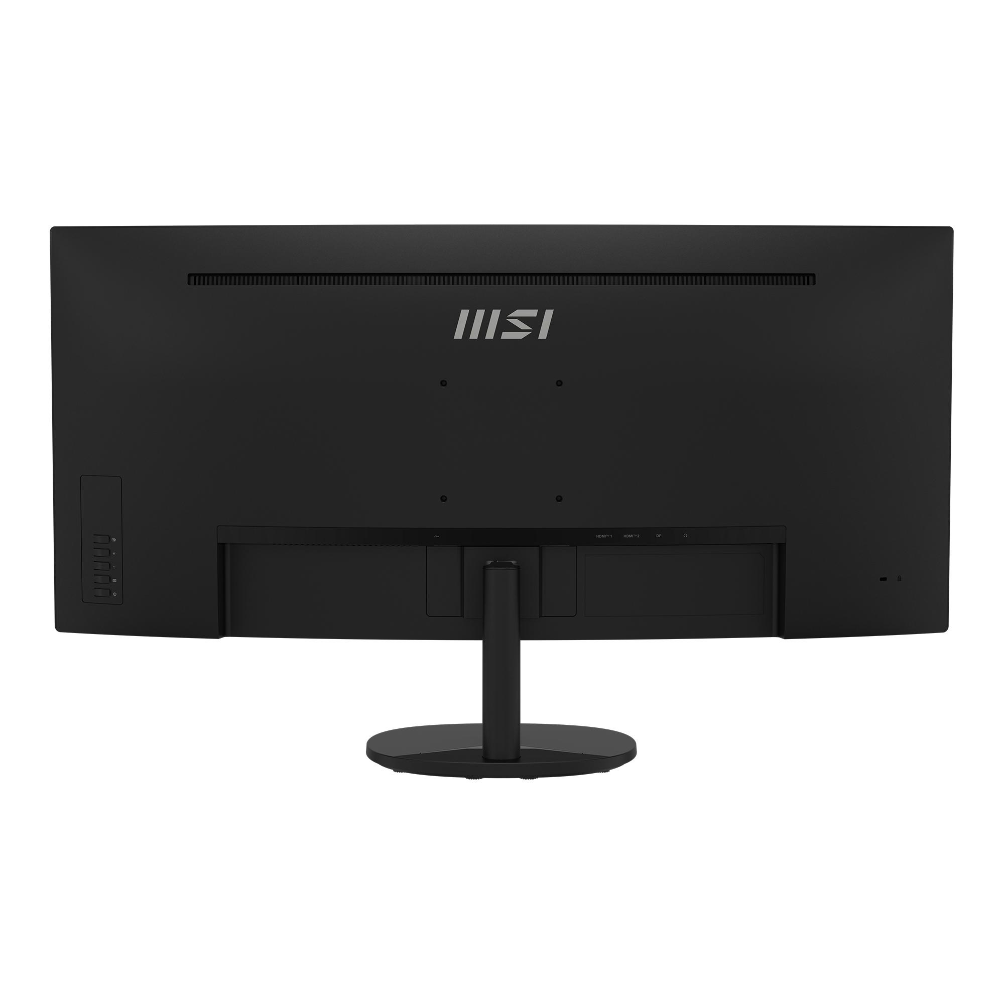 Rückseite eines schwarzen MSI Monitors mit Anschlüssen und Standfuß.