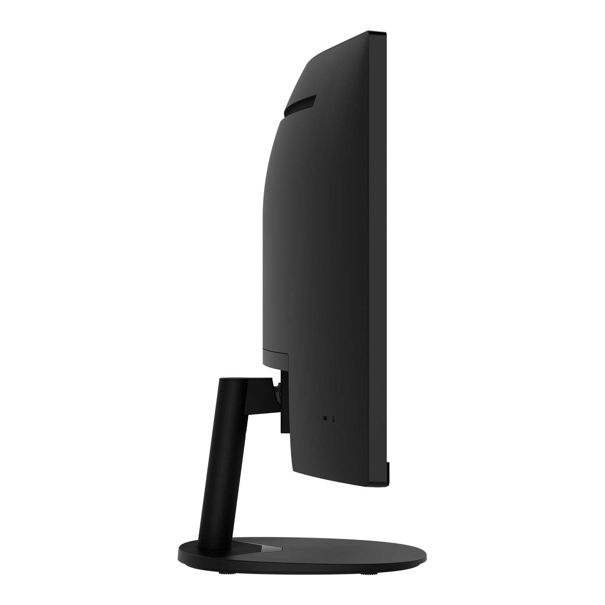 Schwarzer Computermonitor auf einem Standfuß, von der Seite gesehen.