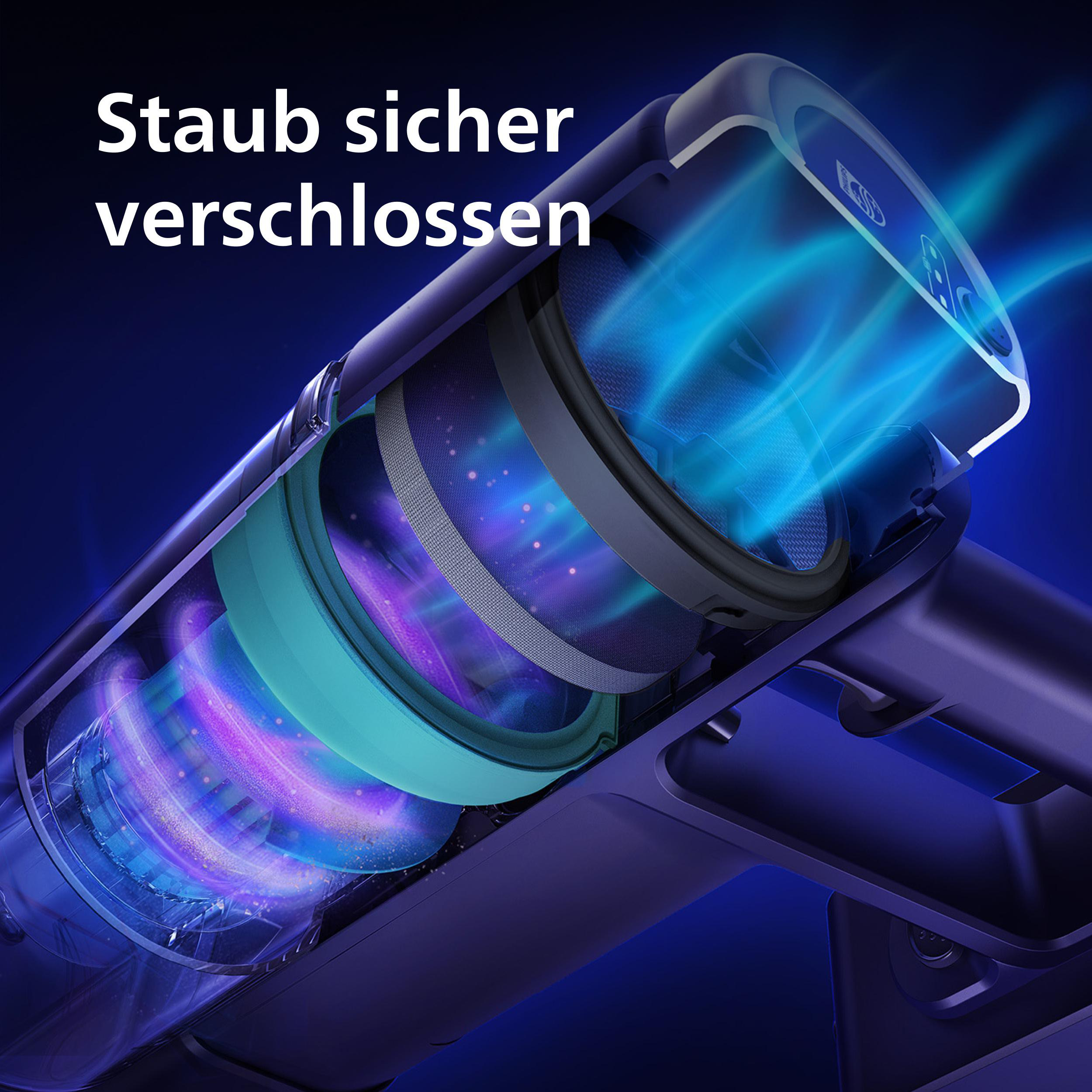Ein Staubsauger-Innenleben mit Staubfiltern und blauen Lichtstrahlen.