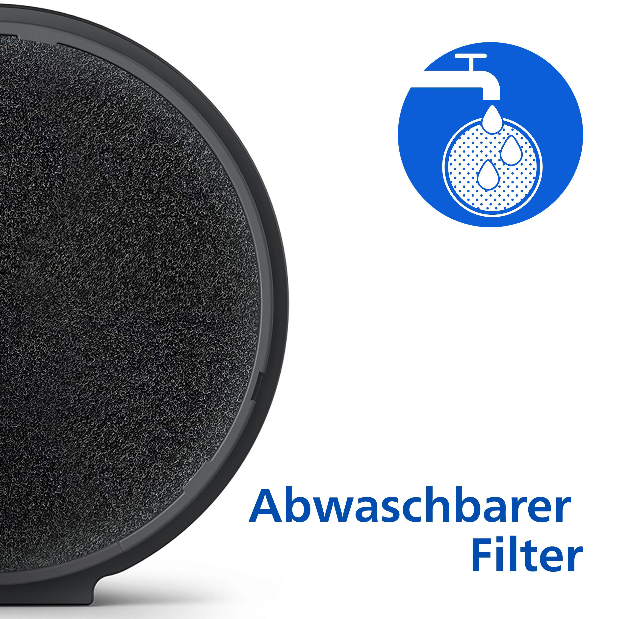 Nahaufnahme eines schwarzen, abwaschbaren Filters neben einem Wasserhahnsymbol mit tropfendem Wasser.