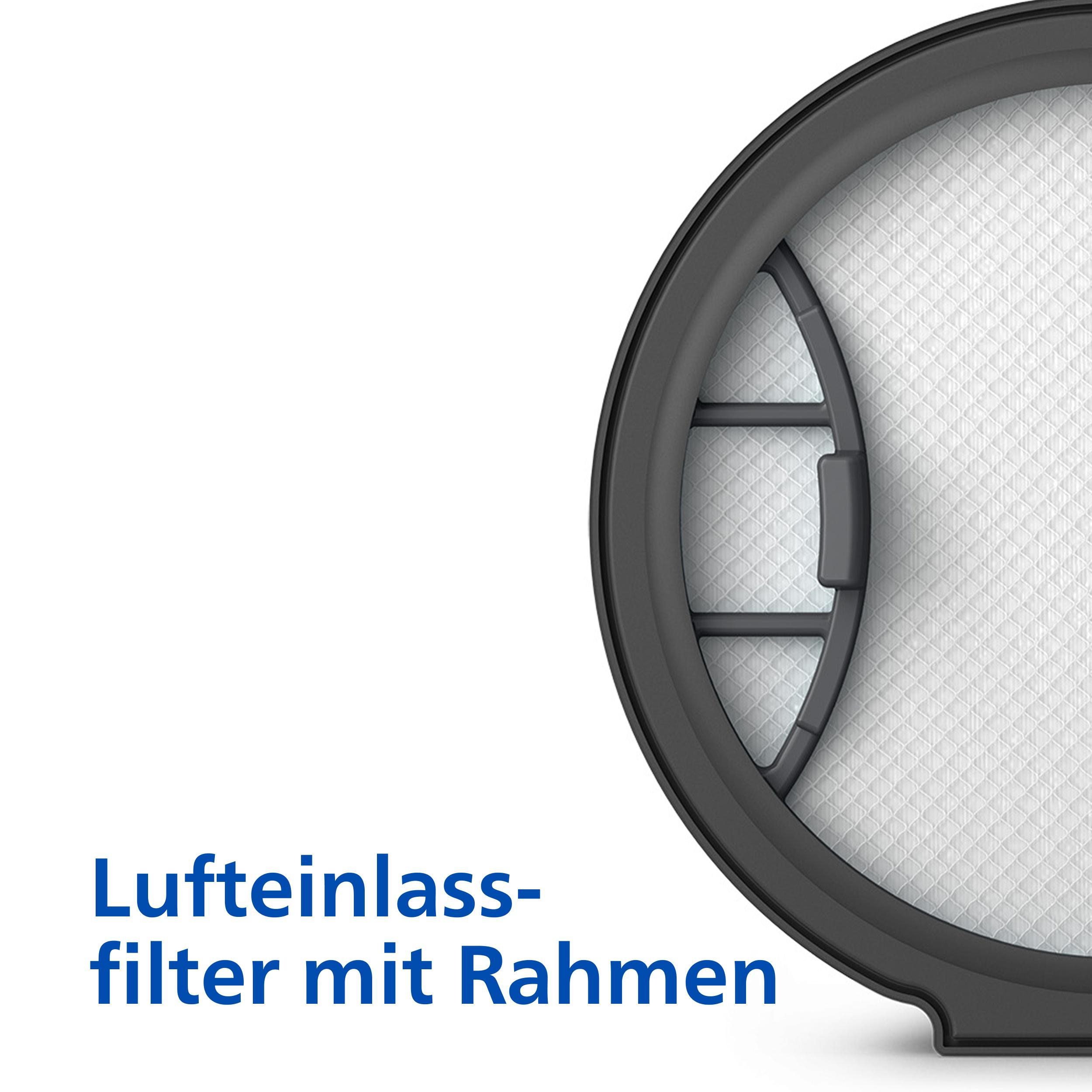 Ein weißer Filter mit schwarzem Rahmen, der Text lautet: Lufteinlass-Filter mit Rahmen.