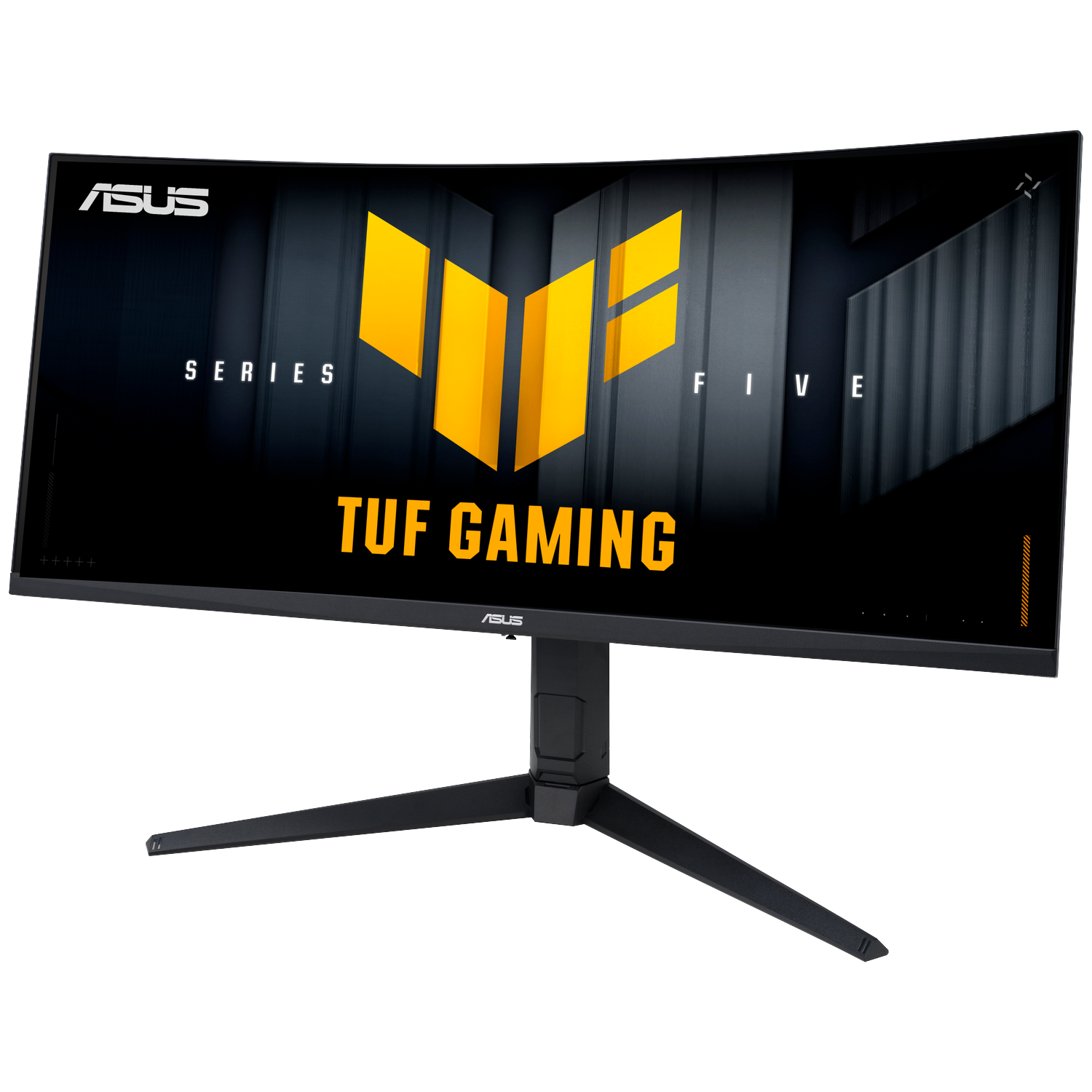 Een gebogen Asus TUF Gaming monitor met een geel logo op een zwarte achtergrond.