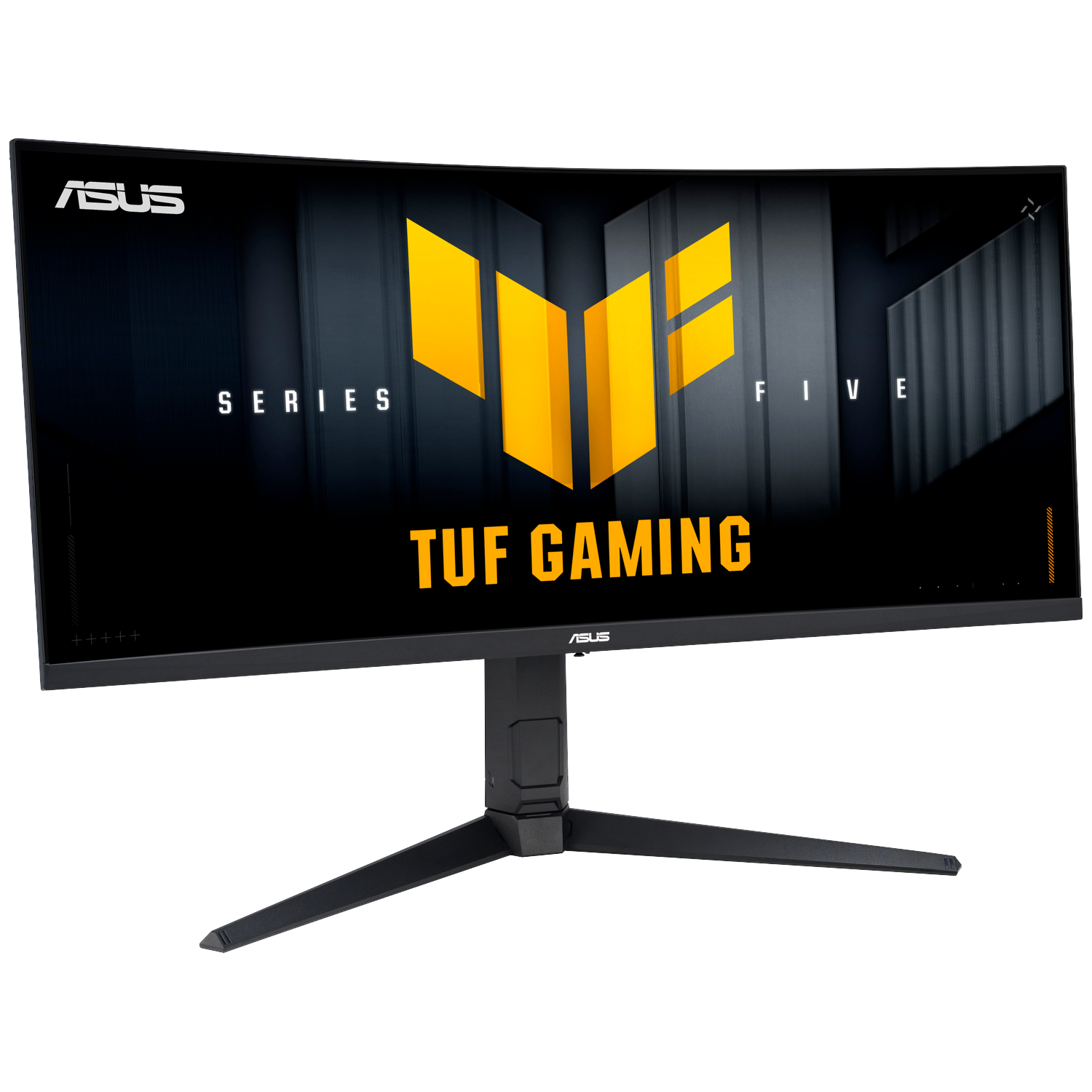Een gebogen ASUS TUF Gaming monitor met geel logo en zwarte standaard.