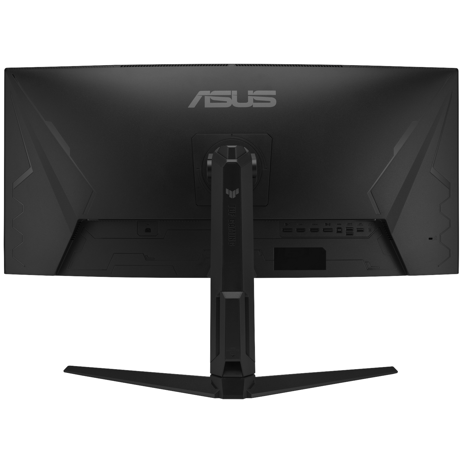 Achterkant van een zwarte ASUS gaming monitor met poorten en standaard.