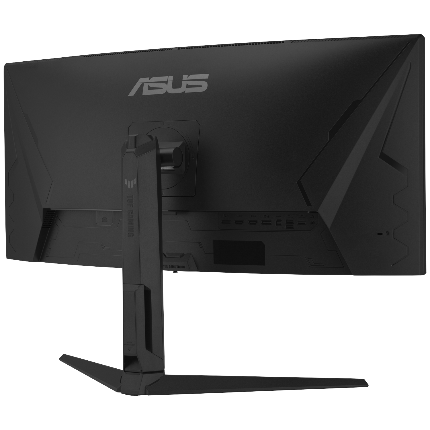 Achterkant van een zwarte ASUS gaming monitor met standaard en poorten.