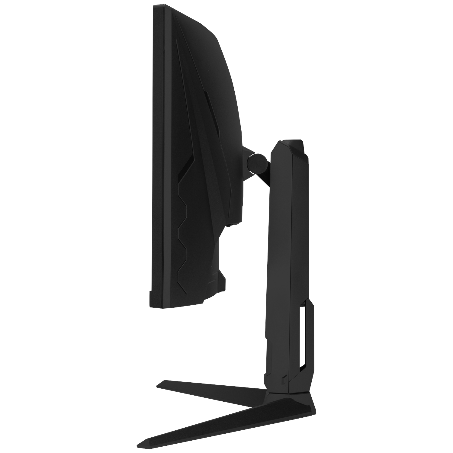 Zwarte computermonitor met standaard, van de zijkant gezien.