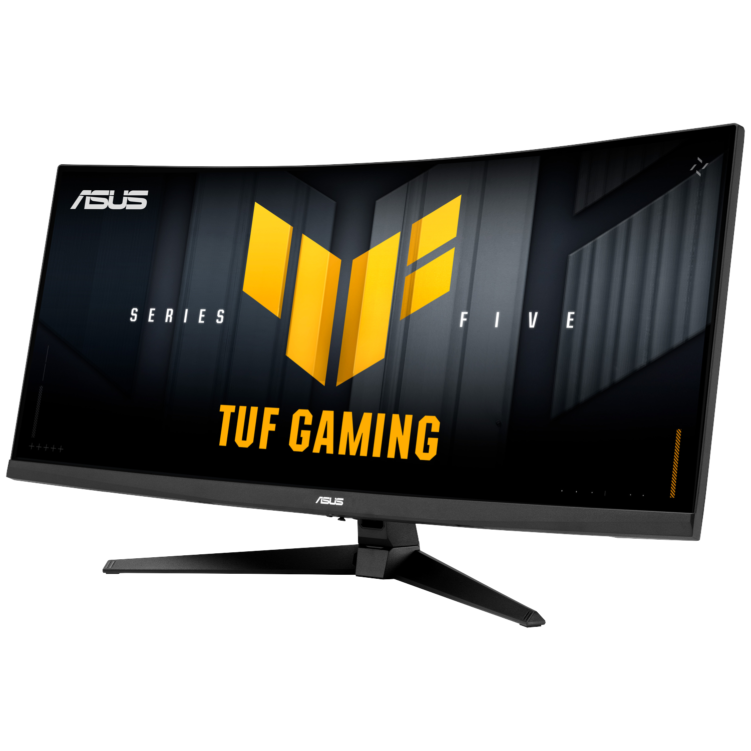 A curved ASUS TUF Gaming monitor with yellow logos and text.