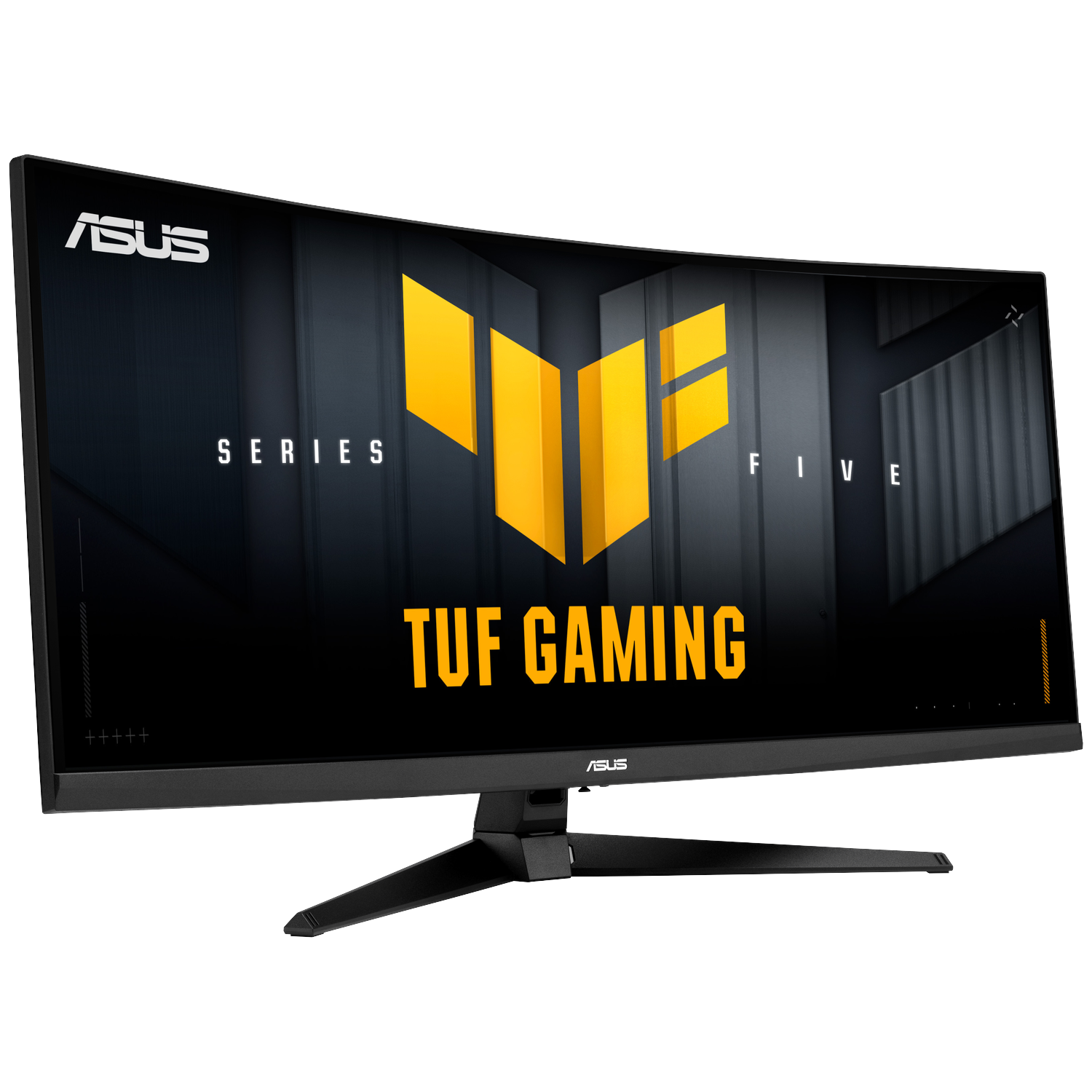 A curved Asus gaming monitor featuring a yellow logo and "TUF GAMING" text.