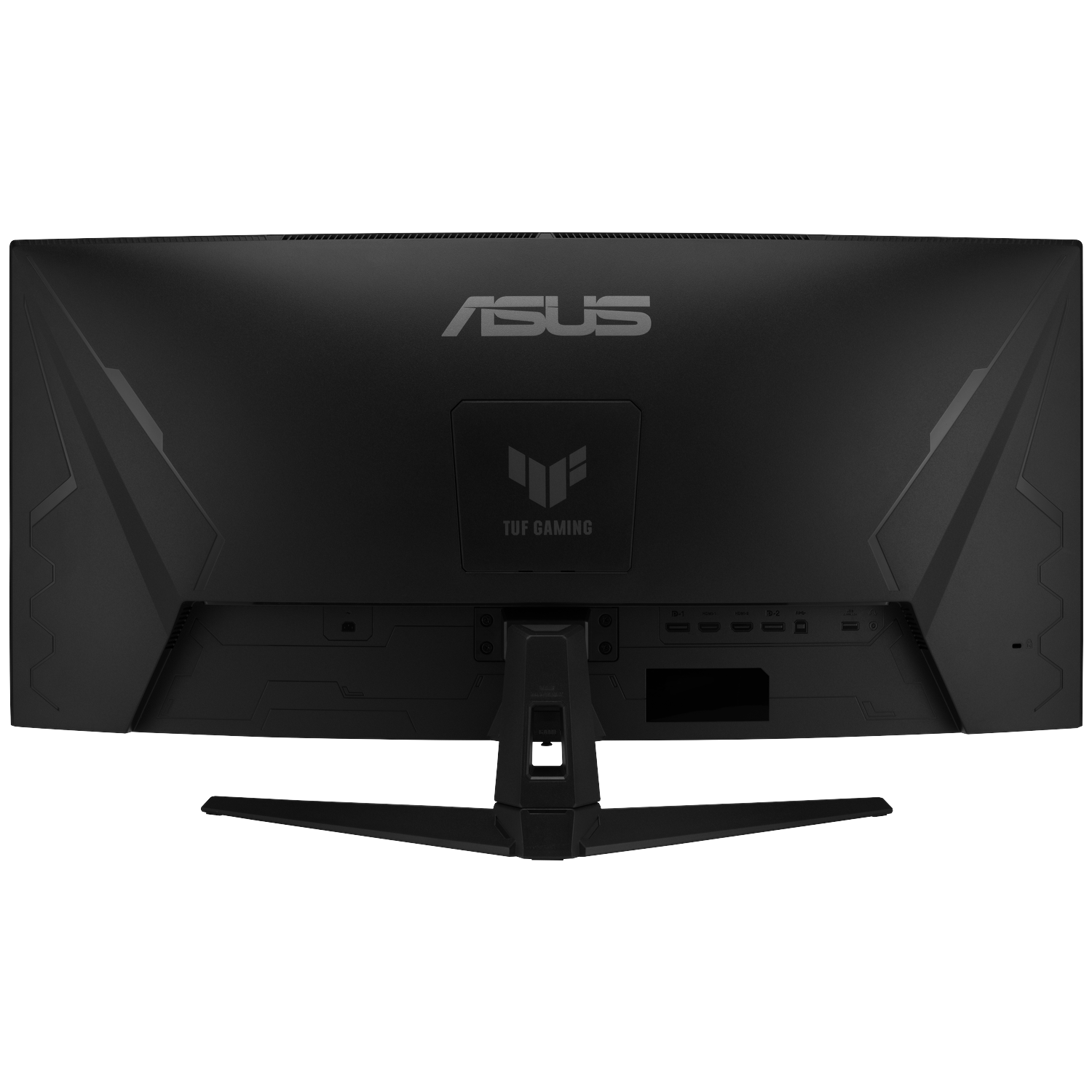 Backside of a black Asus Gaming monitor with ports and logo.