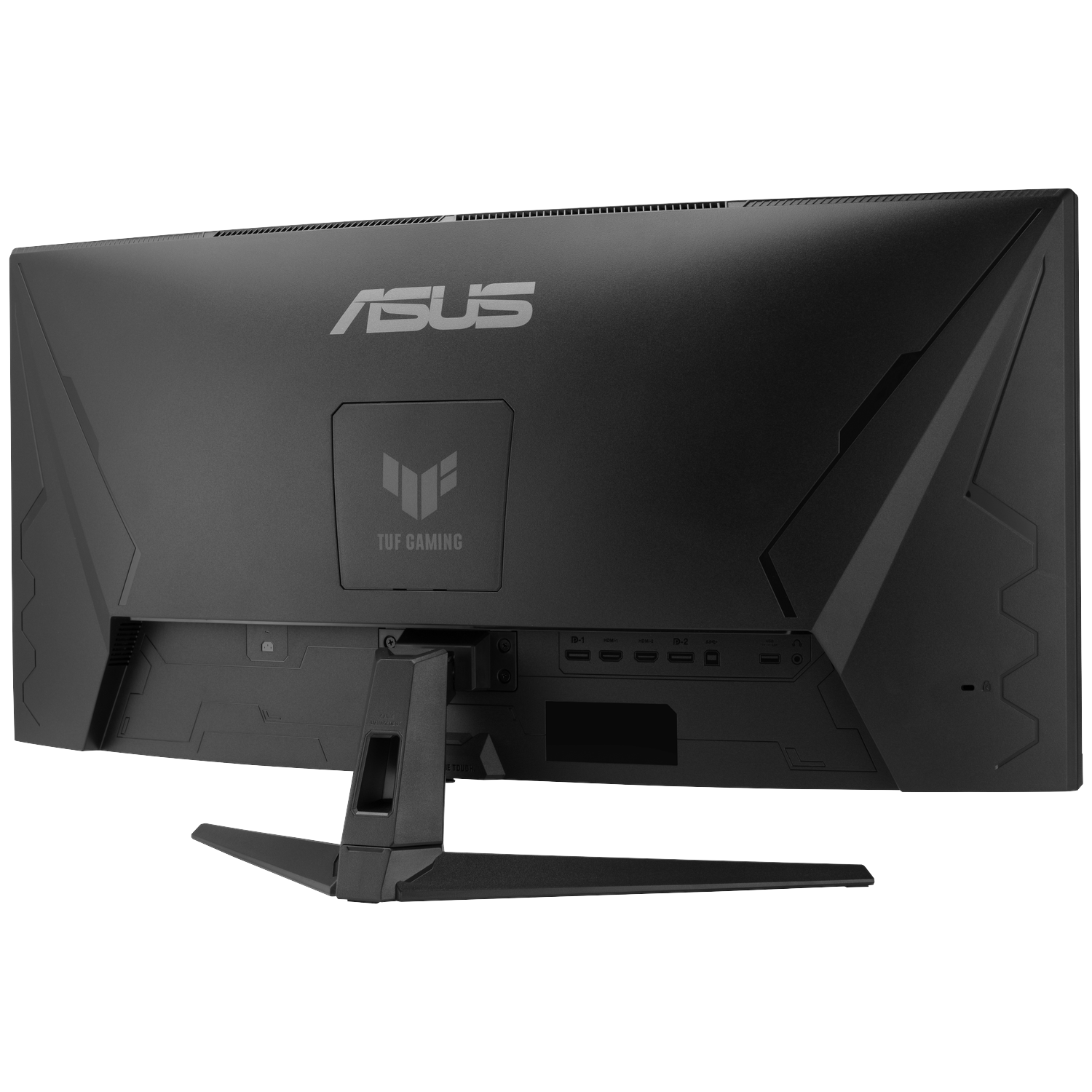 Back view of a black ASUS TUF Gaming monitor with ports and stand.