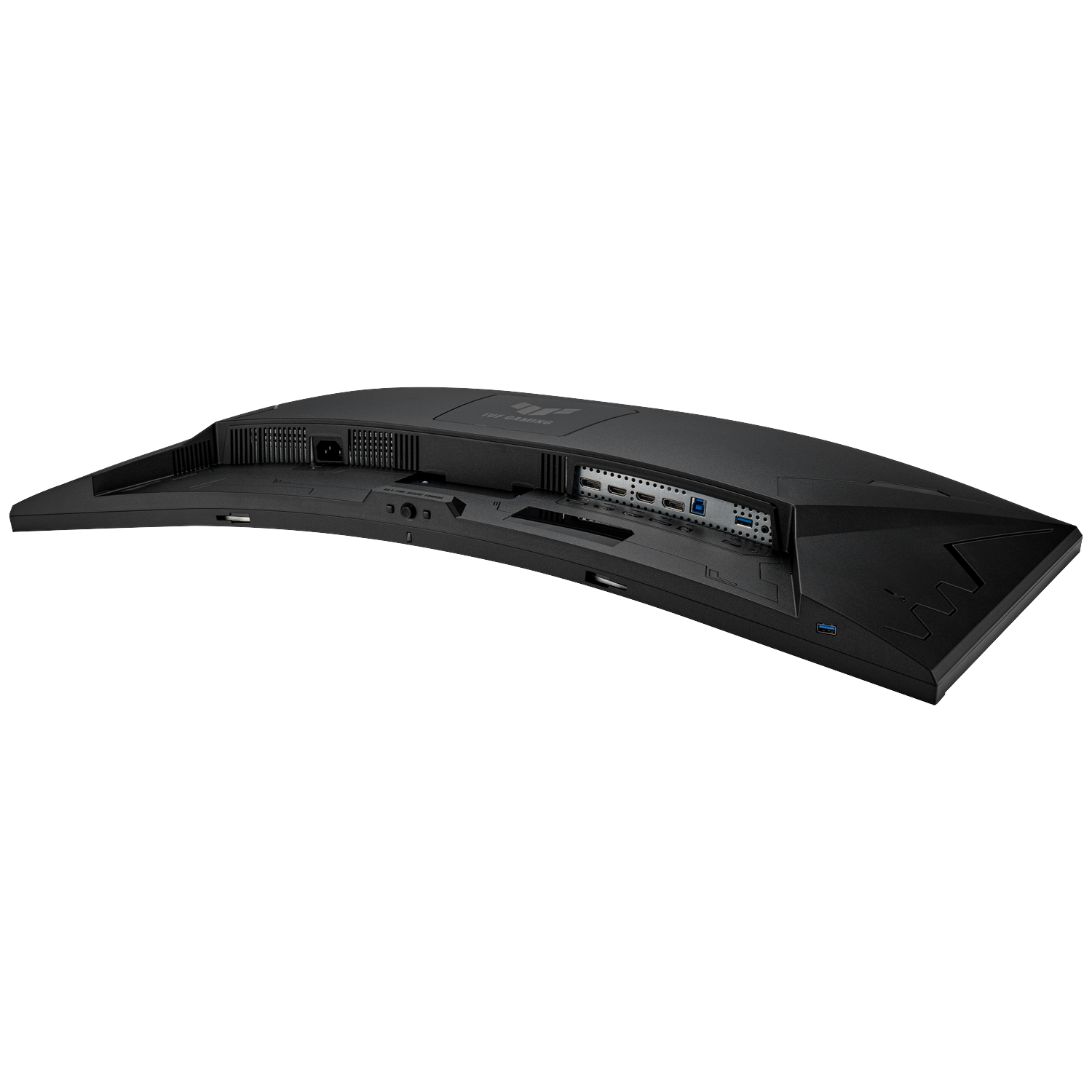 Back view of a black monitor showing power, HDMI, DisplayPort, and USB ports.