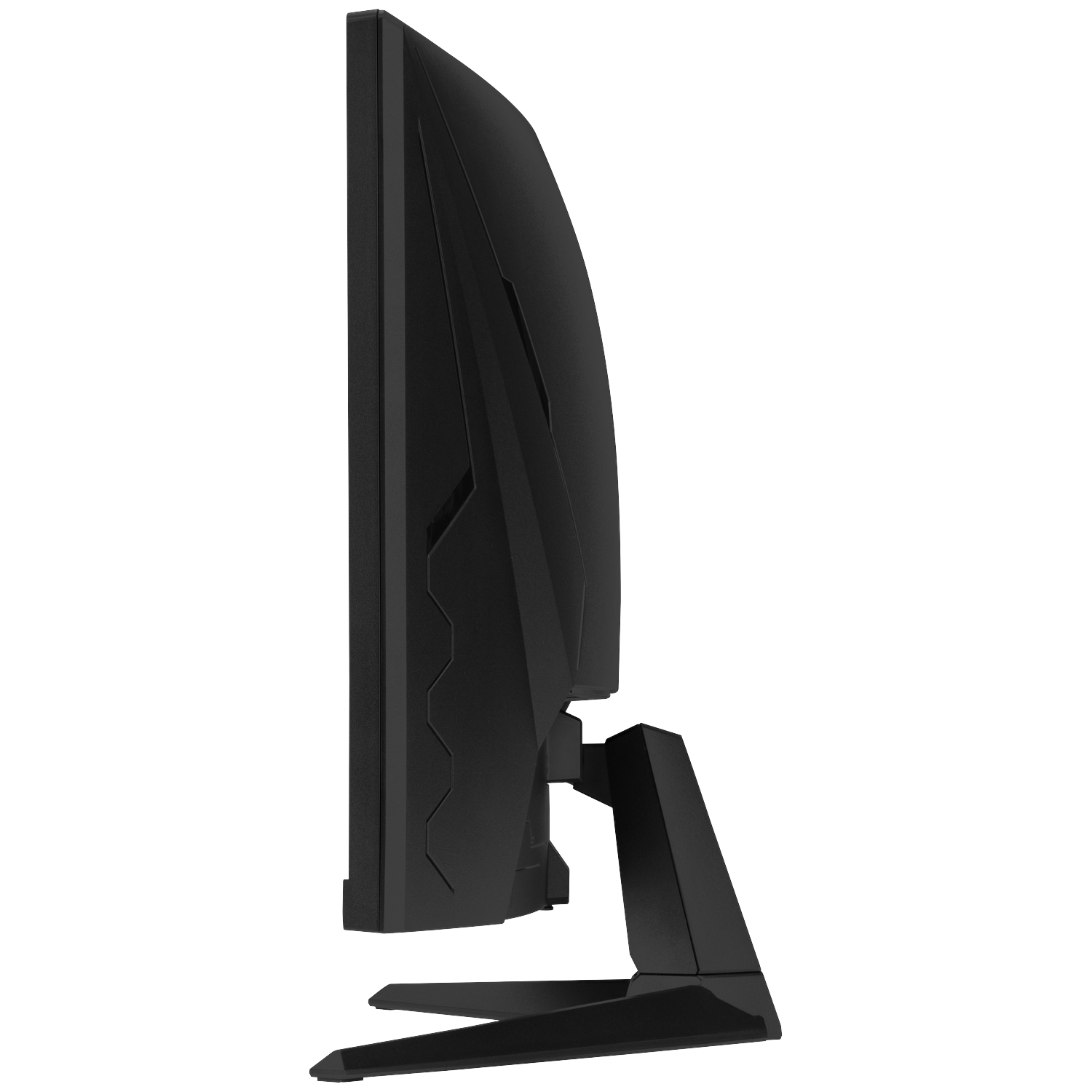 Black computer monitor with a slim profile, viewed from the side.