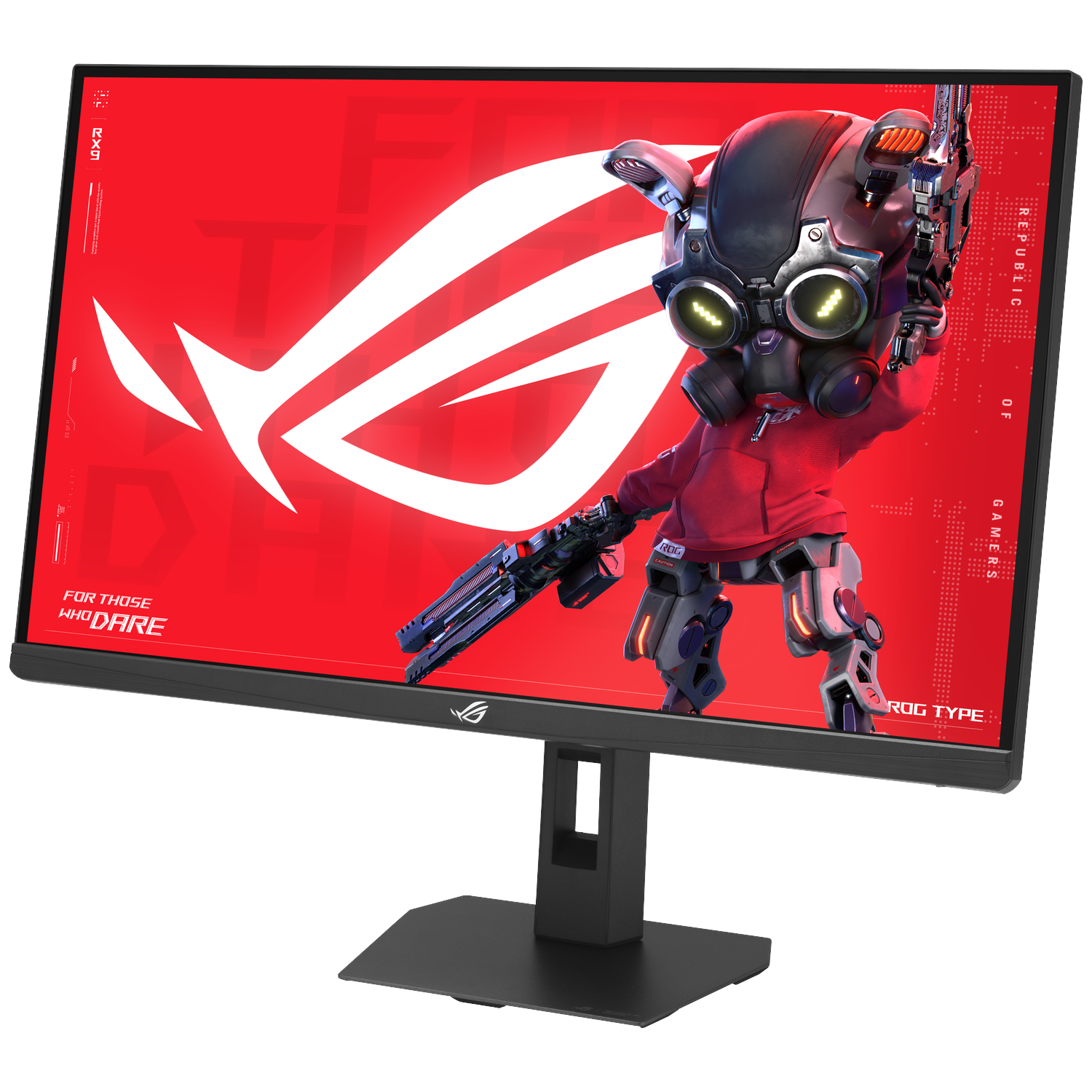 Een gamingmonitor toont een cartoonrobot met rode hoodie en wapen op rode achtergrond.