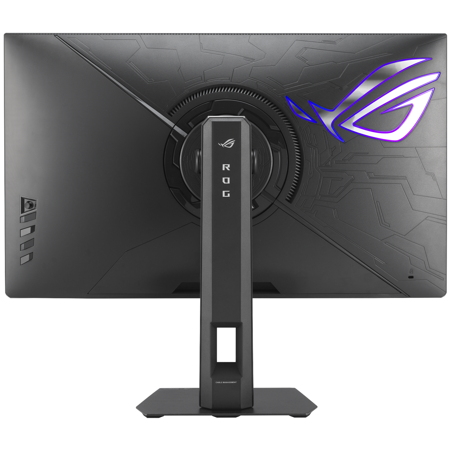 Achterkant van een zwarte monitor met ROG-logo en standaard.