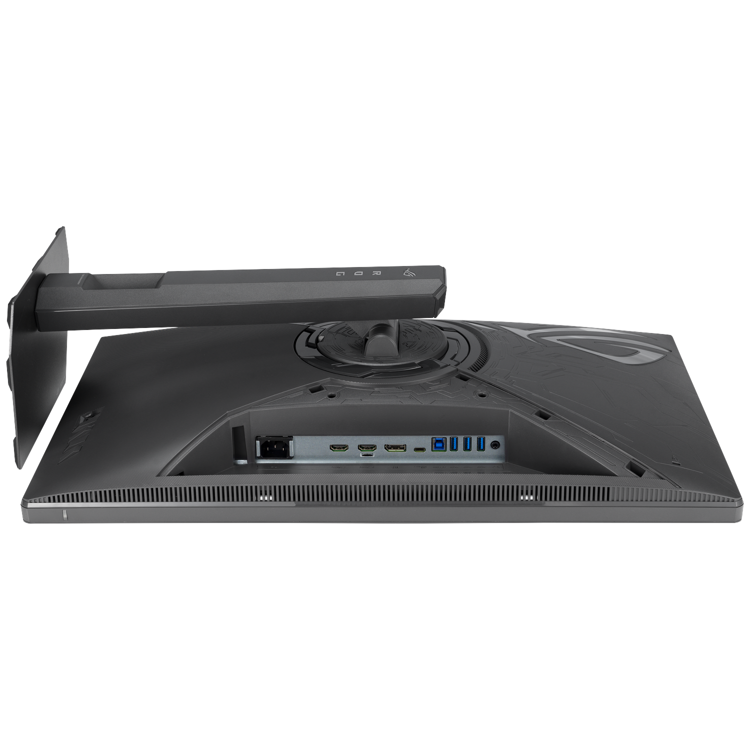 Achterkant van een zwarte monitor met poorten: stroom, HDMI, DisplayPort, USB.