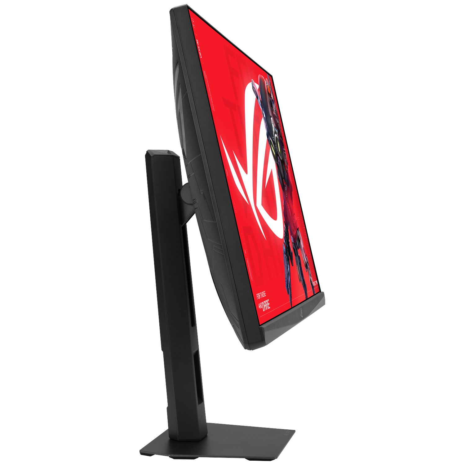 Een zwarte gaming monitor met rode achtergrond en wit logo.