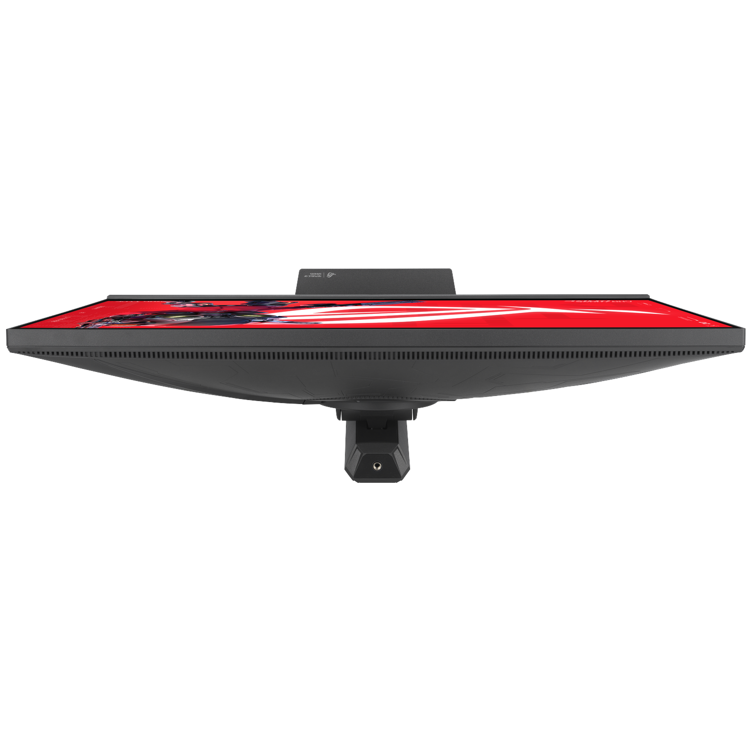 Een zwarte computermonitor met rood patroon op het scherm, van bovenaf gezien.