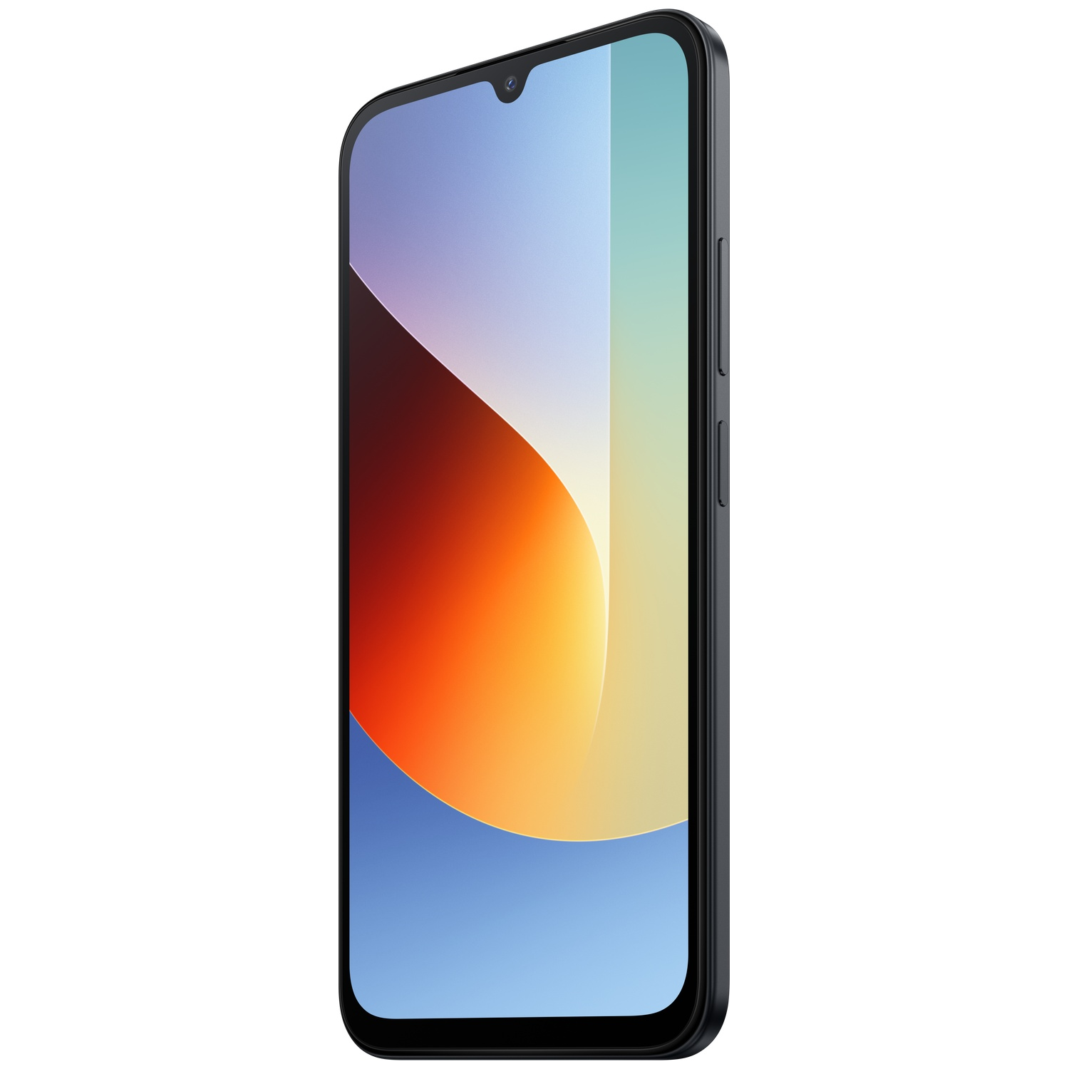 Een donkere smartphone met een kleurrijke achtergrondafbeelding op het scherm.