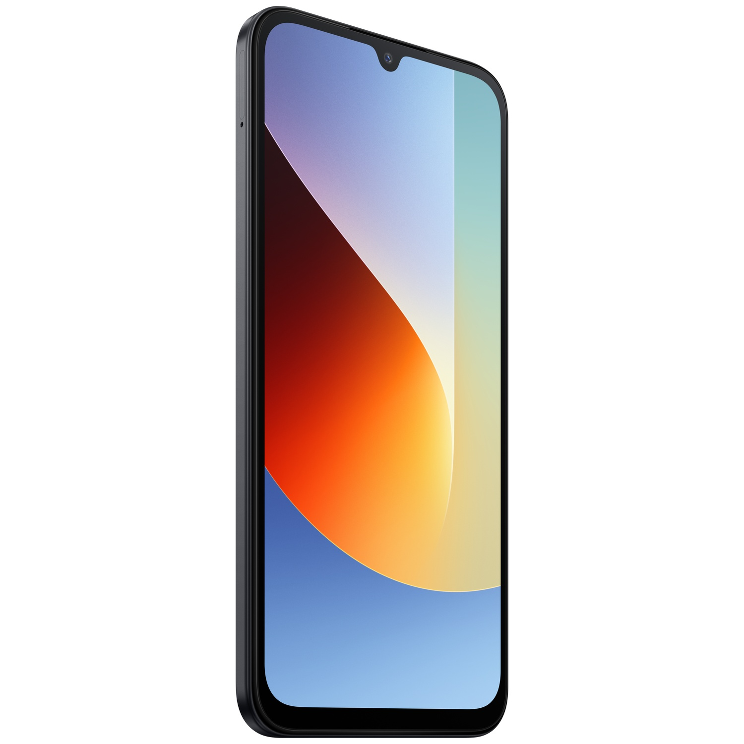 Een zwarte smartphone met een kleuroverloop op het scherm.