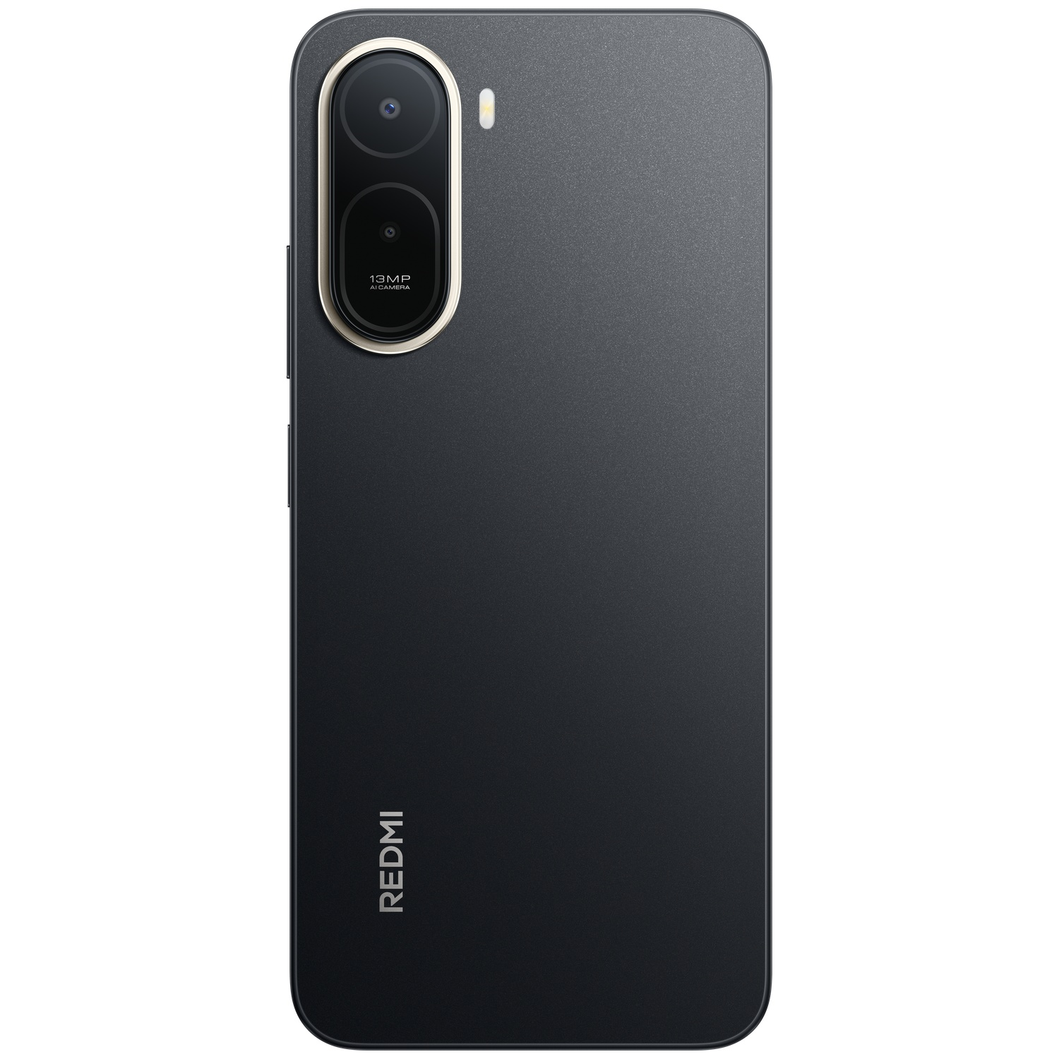 Donkergrijs smartphone met verticale cameralens en Redmi-logo.