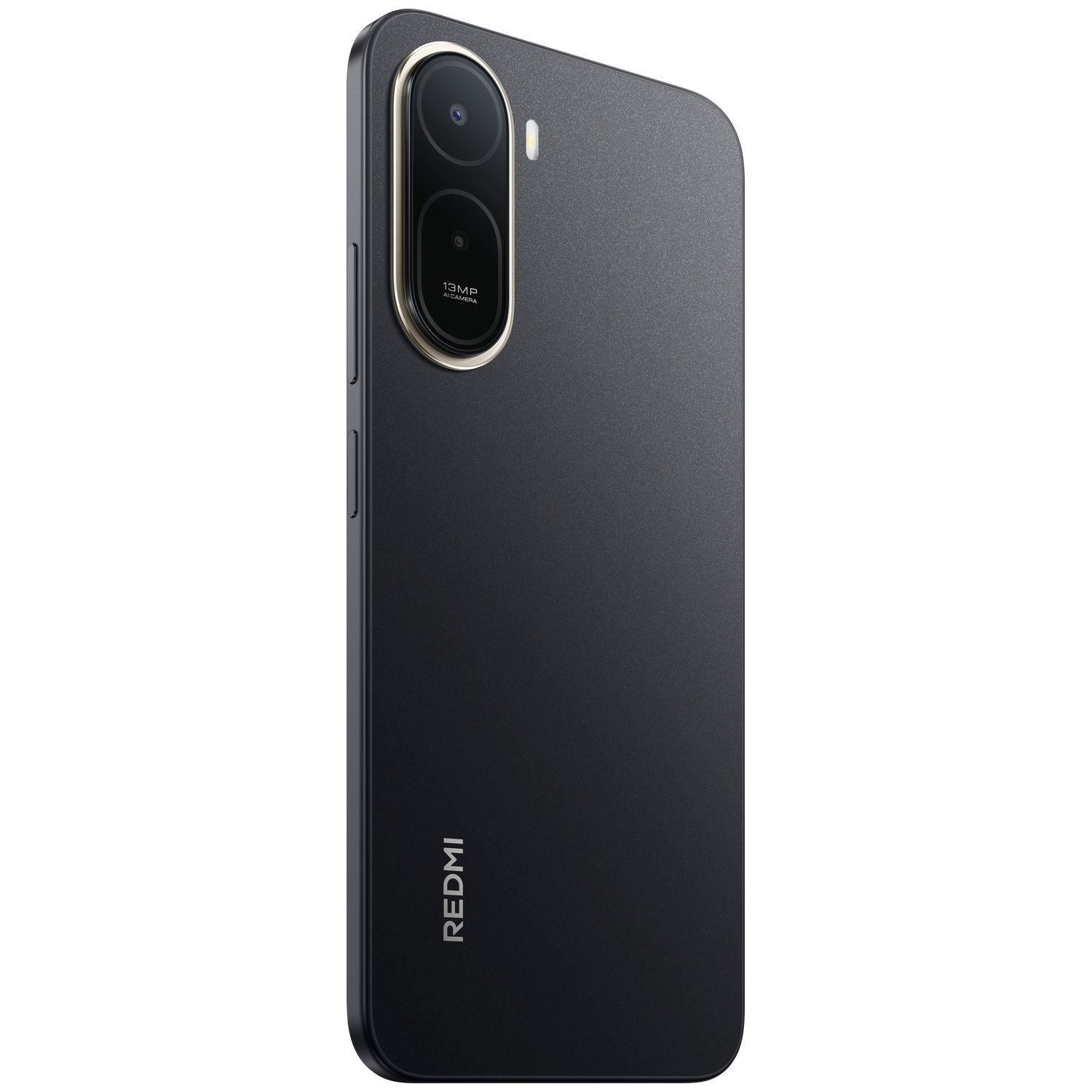 Achterkant van een zwarte smartphone met verticale camerap module en zilveren ring.