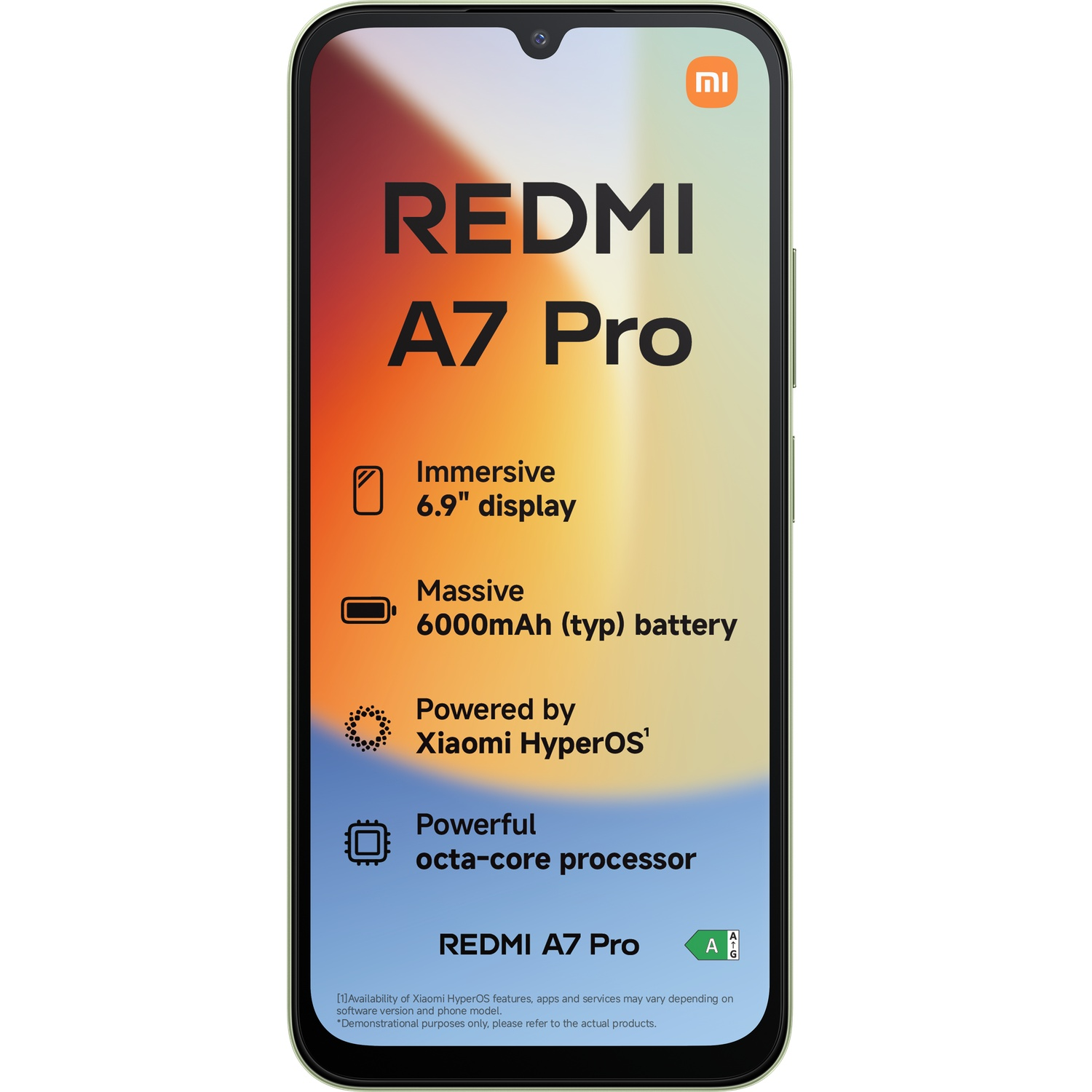 Een lichtgroene smartphone met de tekst Redmi A7 Pro, 6,9" display en 6000 mAh batterij.