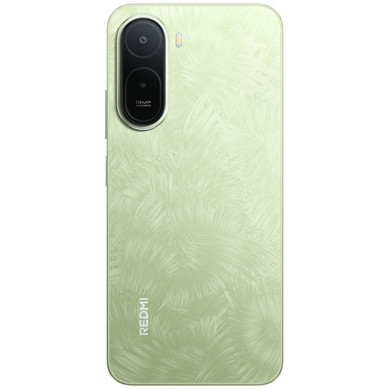 Een lichtgroene smartphone met een getextureerde achterkant en verticale cameralens.