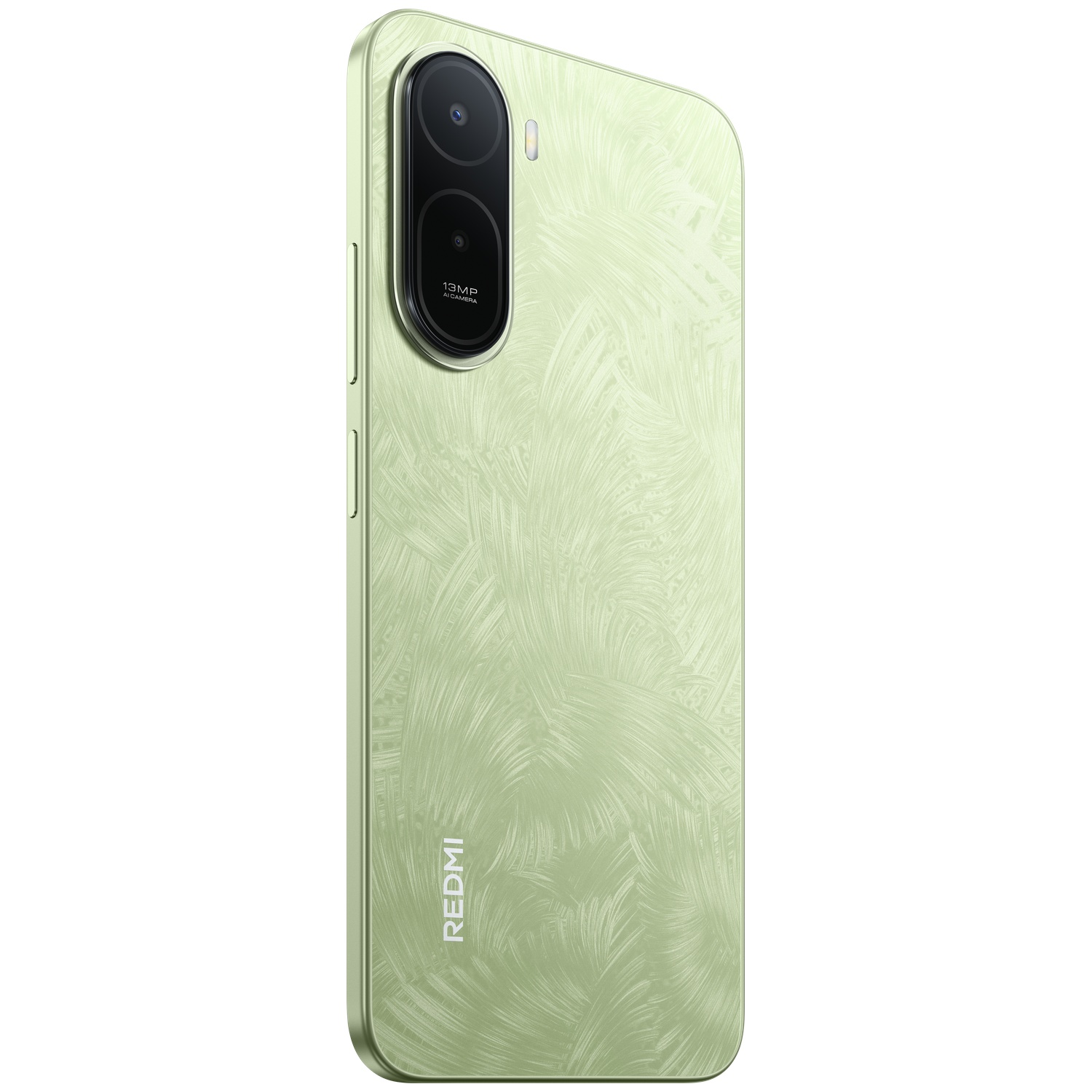 Achterkant van een lichtgroene smartphone met reliëfpatroon en twee cameralenzen.