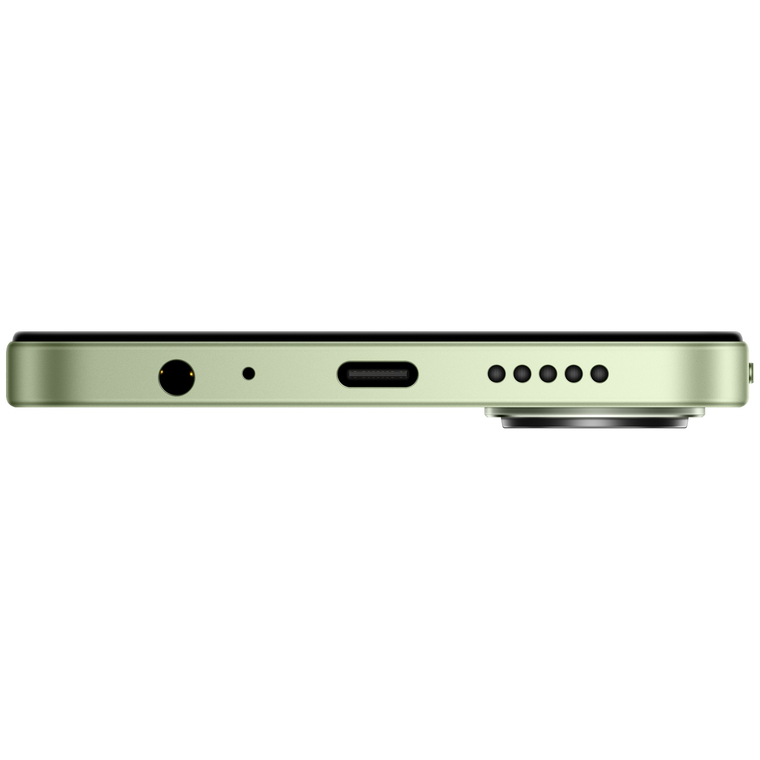 Bovenzijde van een lichtgroene smartphone met USB-C poort en luidsprekergaten.